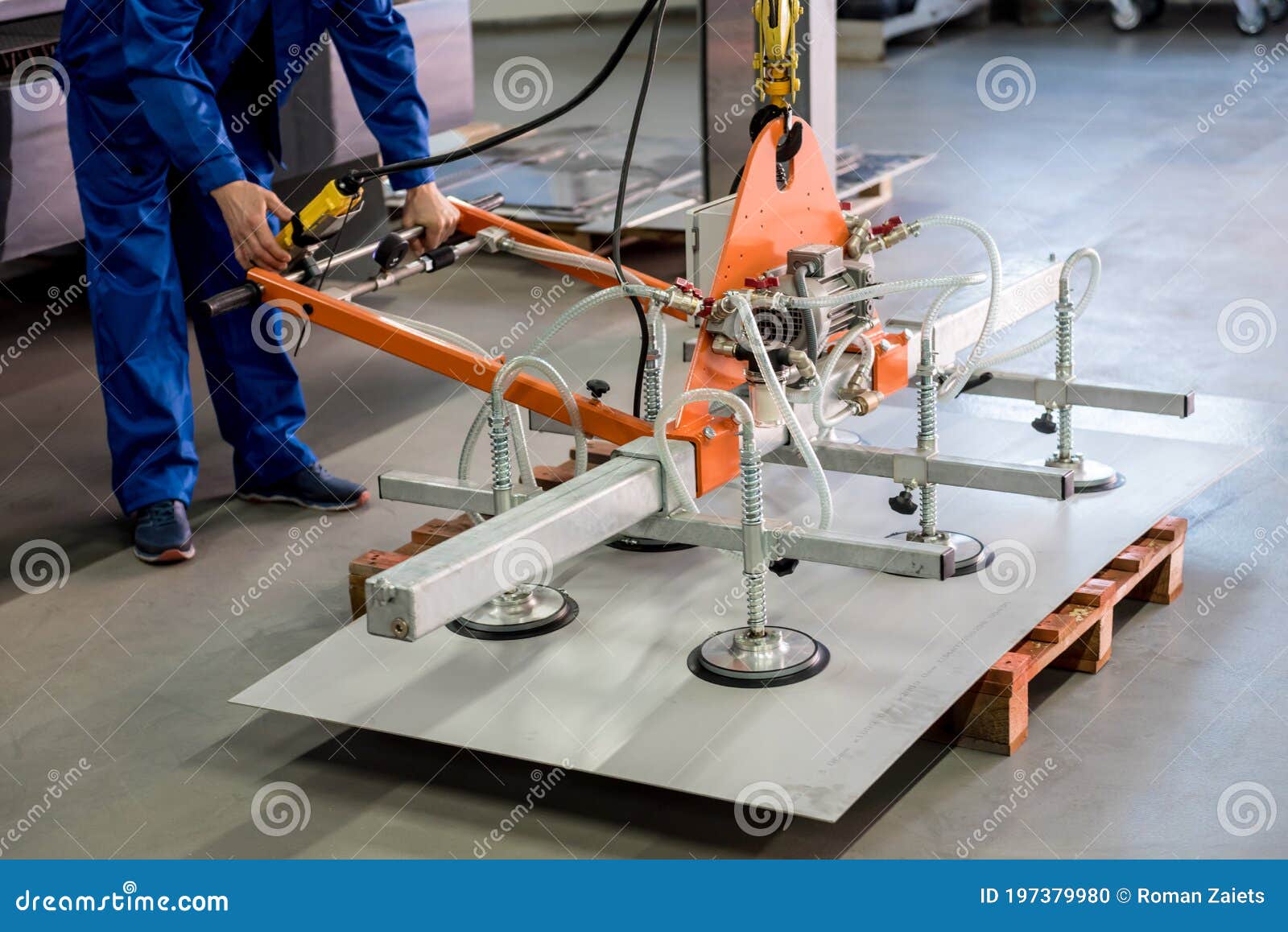 Worker Uses Suction Cups for Transporting Large Sheets of Metal Stock Photo Image of factory