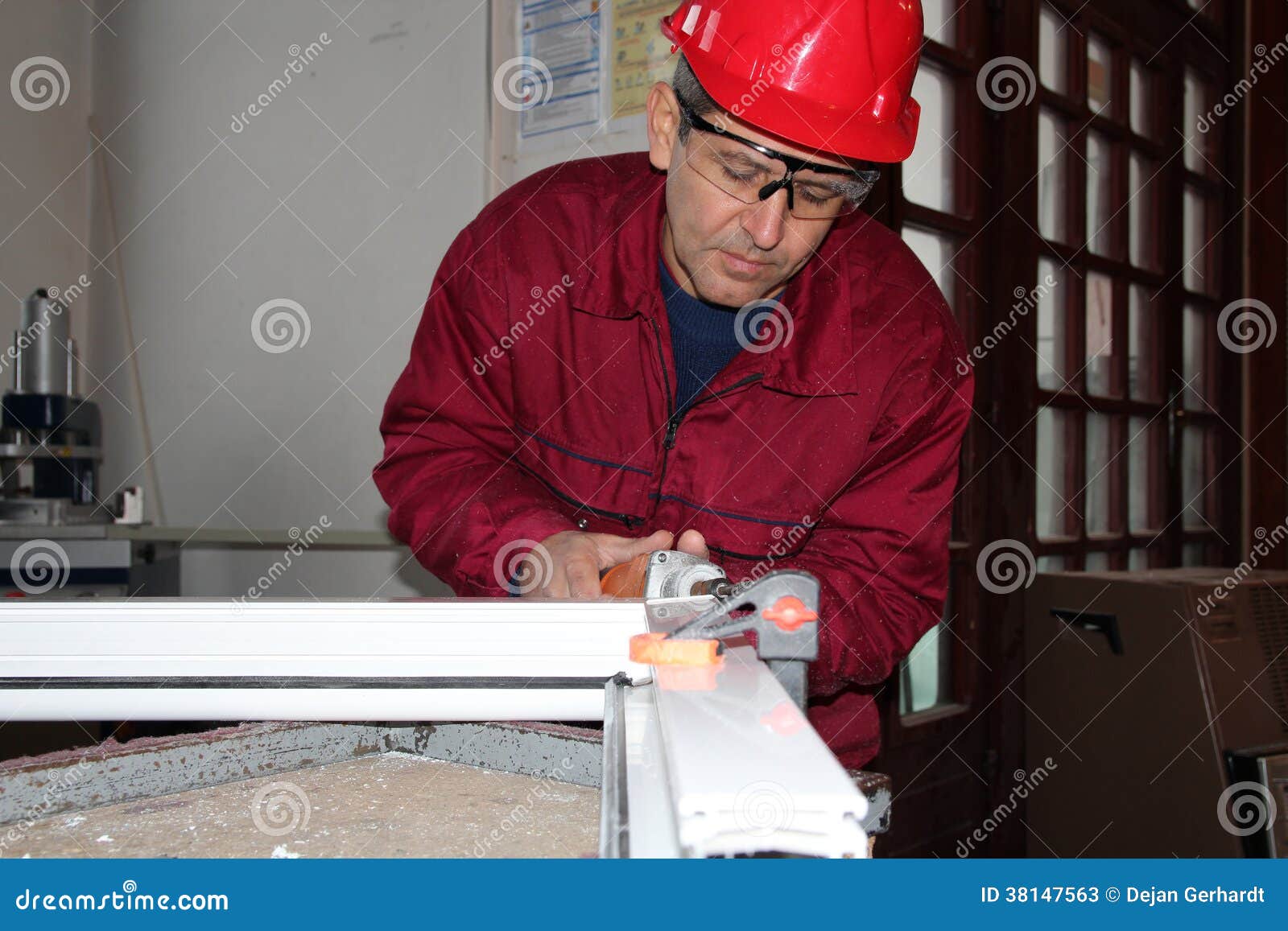 Worker Using Electric Grinder . Stock Image Image of glasses, abrade