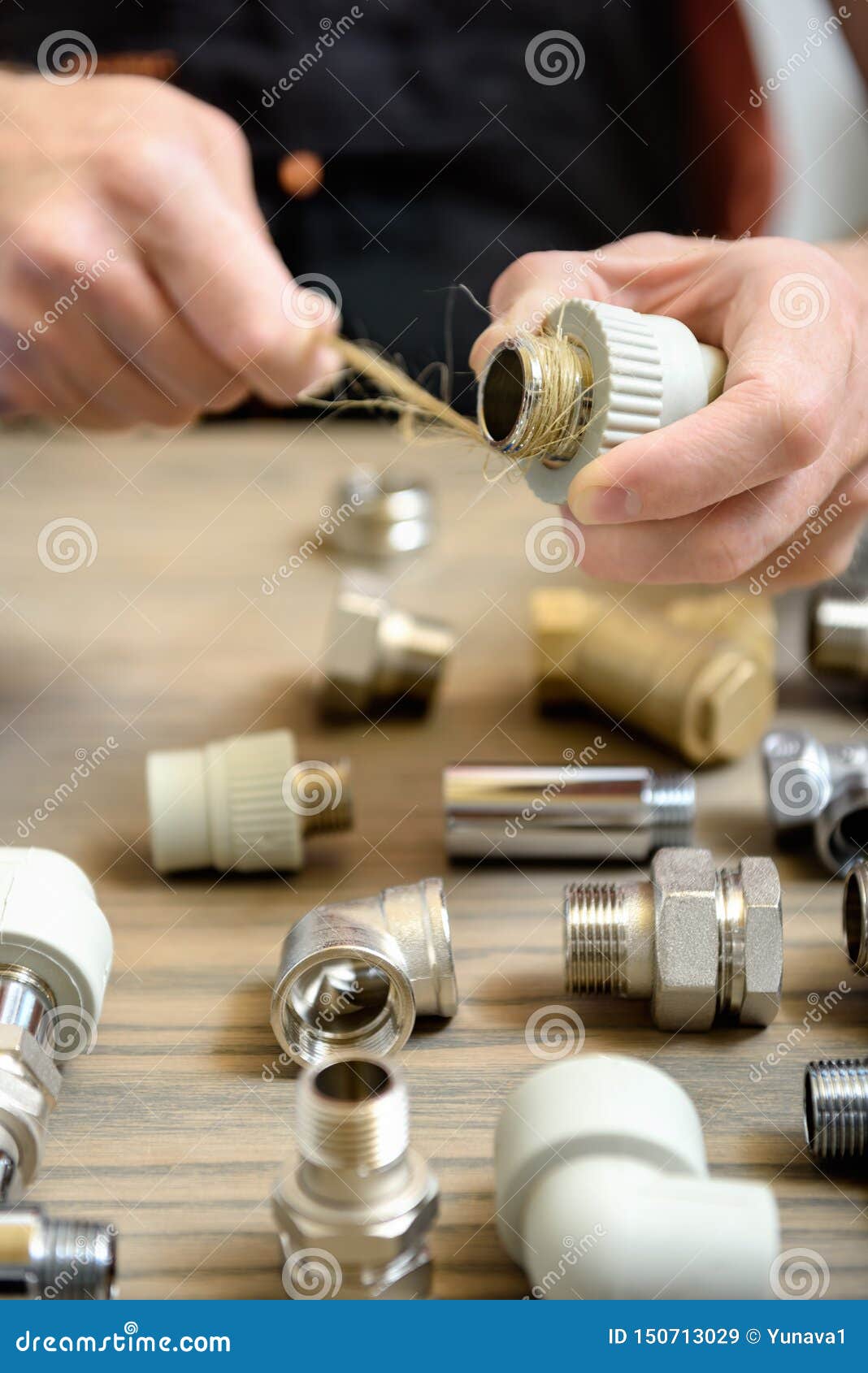 The Worker is Using a Plumber`s Hemp Fibers Stock Image Image of