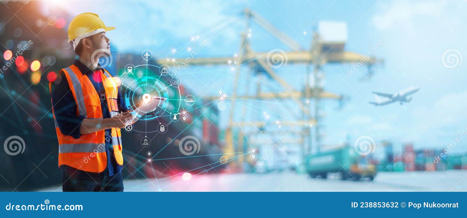 worker using tablet on logistic network distribution and smart transportation on networking of container cargo ship, industry,