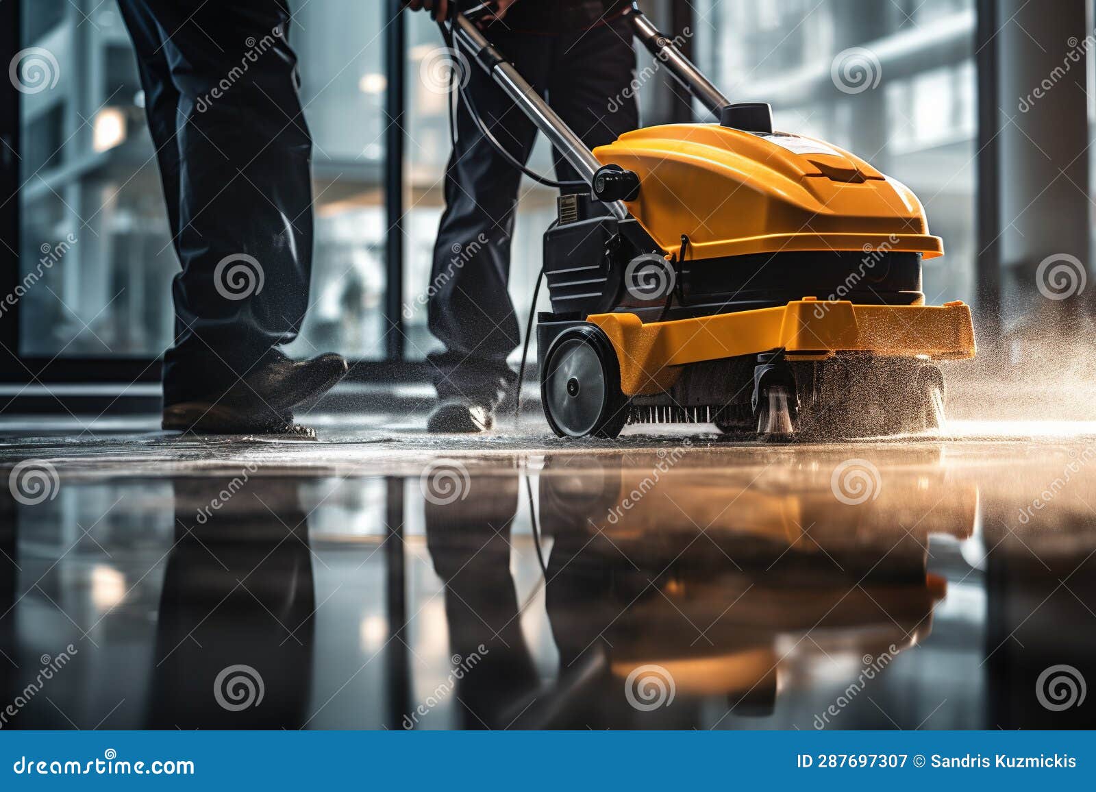 Worker Washing Office Floor with Cleaning Machine Stock Illustration