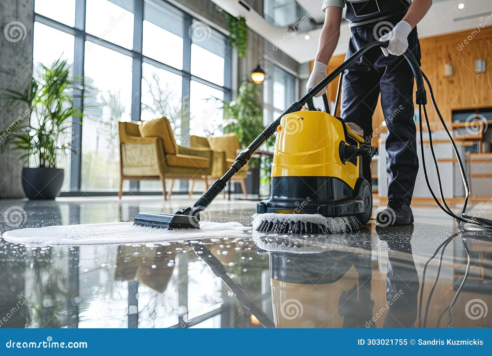 Worker Washing Office Floor with Cleaning Machine. Generative AI Stock