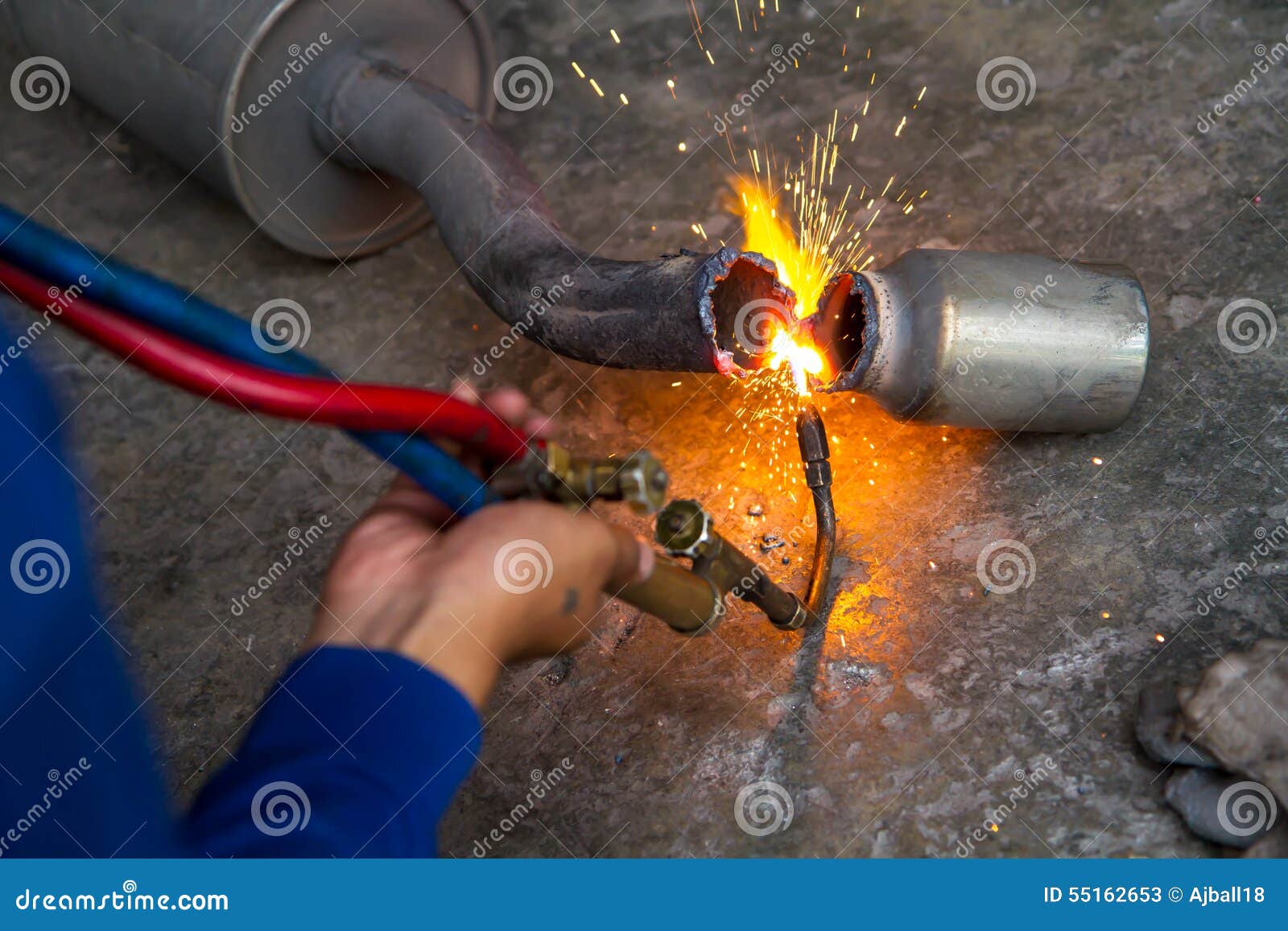 Worker Welding Metal Exhaust Pipe with Sparks Stock Image Image of skilled, manufacturing