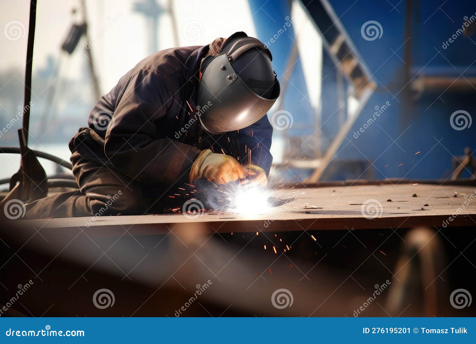 Worker Welds the Metal Hull of the Ship in the Shipyard , Ai Generative