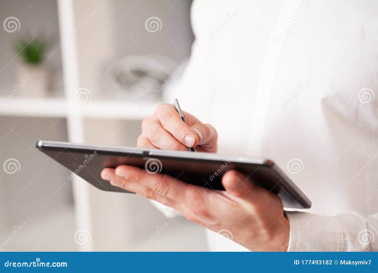 Worker Working on Tablet at Company Office Stock Photo Image of hands