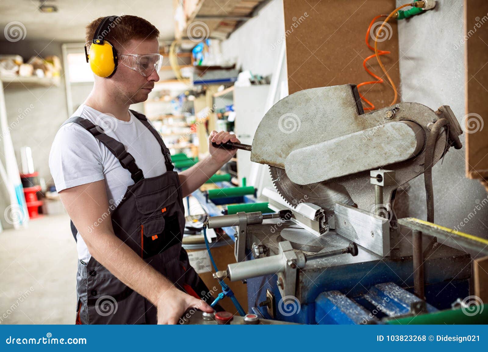 Worker in the Cuts Pvc Profile with Circular Saw Stock Photo Image of cutting
