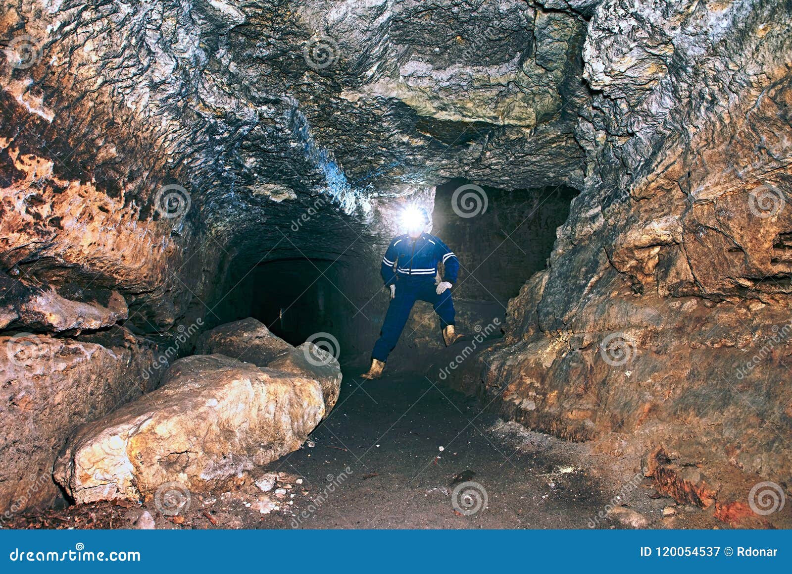 workerman with helmet and protective suit using glowes and strong head lamp.