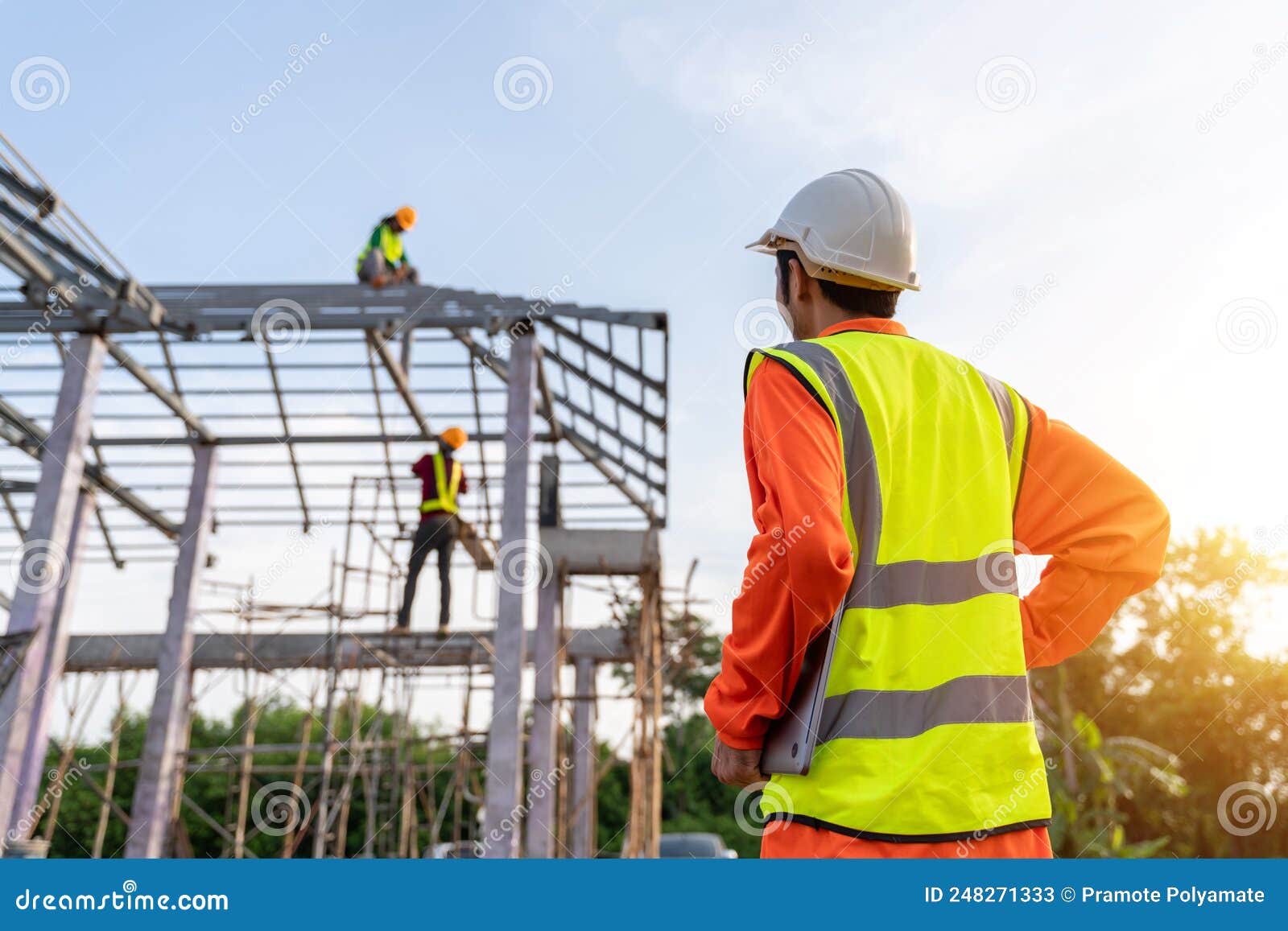 3 Workers in Construction Site, Engineer Technician Watching Team of Workers Steel Roof