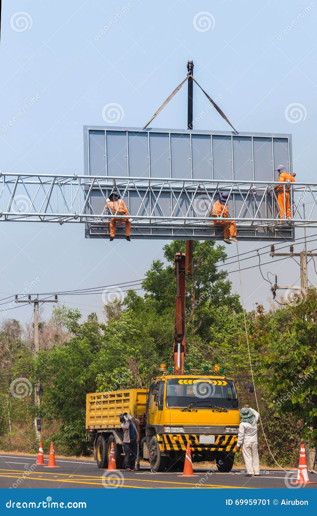 Workers Install Big Steel Billboard Over Highway Editorial Photo
