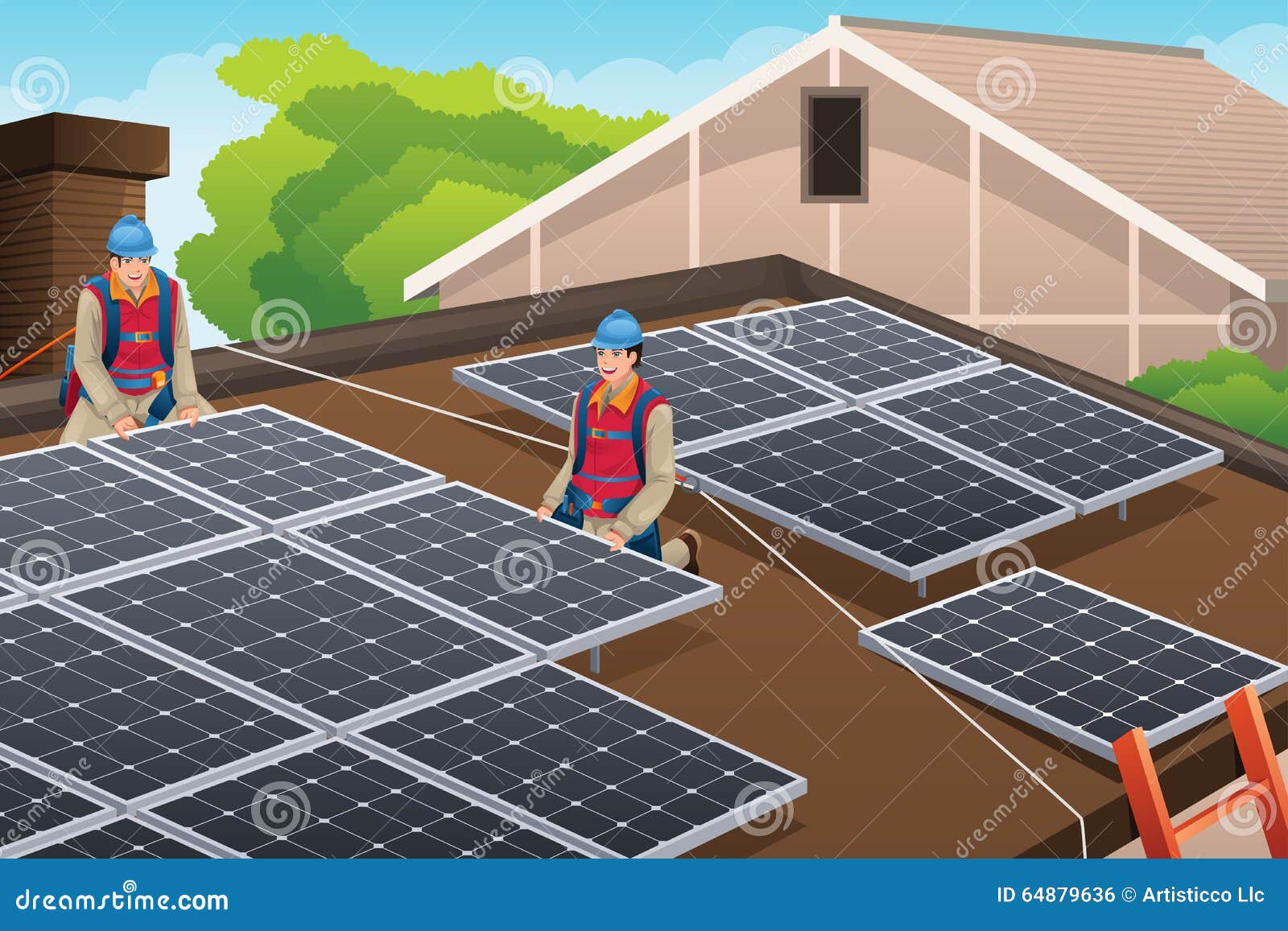 Workers Installing Solar Panels On Roof Stock Vector Image 64879636