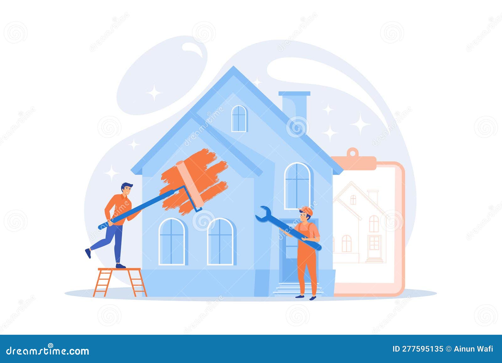 workers with paintbrush and wrench improving the house. house renovation, property renovation, house remodeling and onstruction