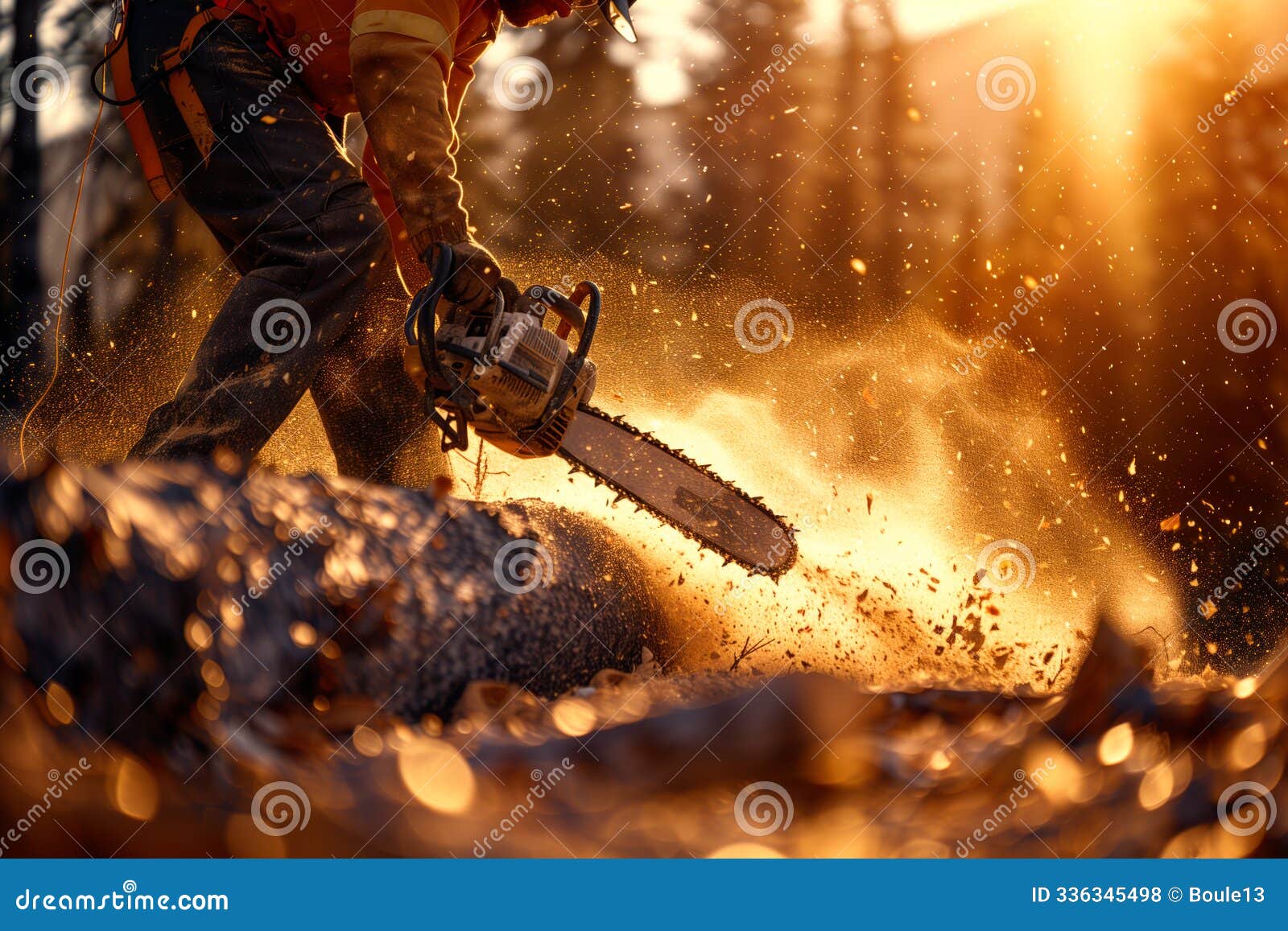 workers in protective gear using chainsaws in a forest setting. concept of deforestation and labor