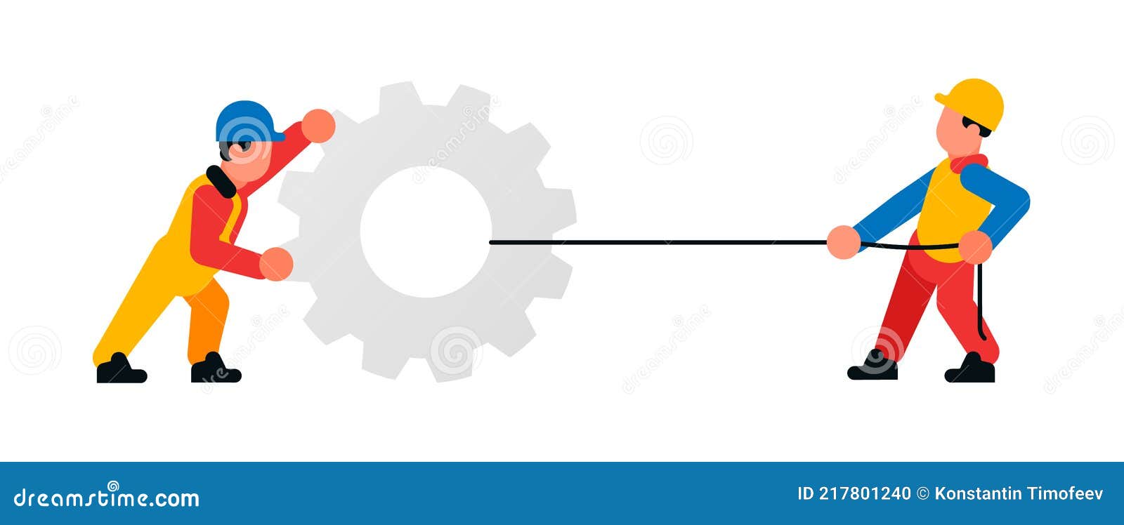 Workers Pulling a Large Gear on a Rope. Builders and Gear. Vector Workers Pulling a Large Gear on a Rope. Builders and Gear. Vector
