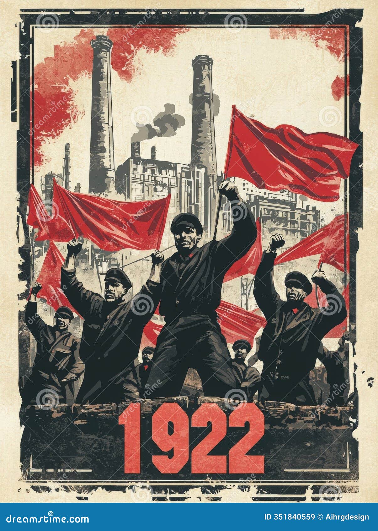 workers raising red flags in front of industrial backdrop during 1922 revolution
