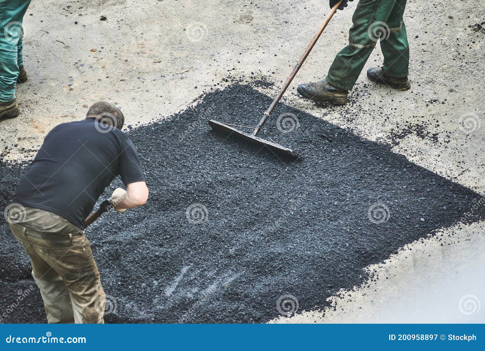 Workers Smooth New Asphalt with Trowel Stock Image Image of paving