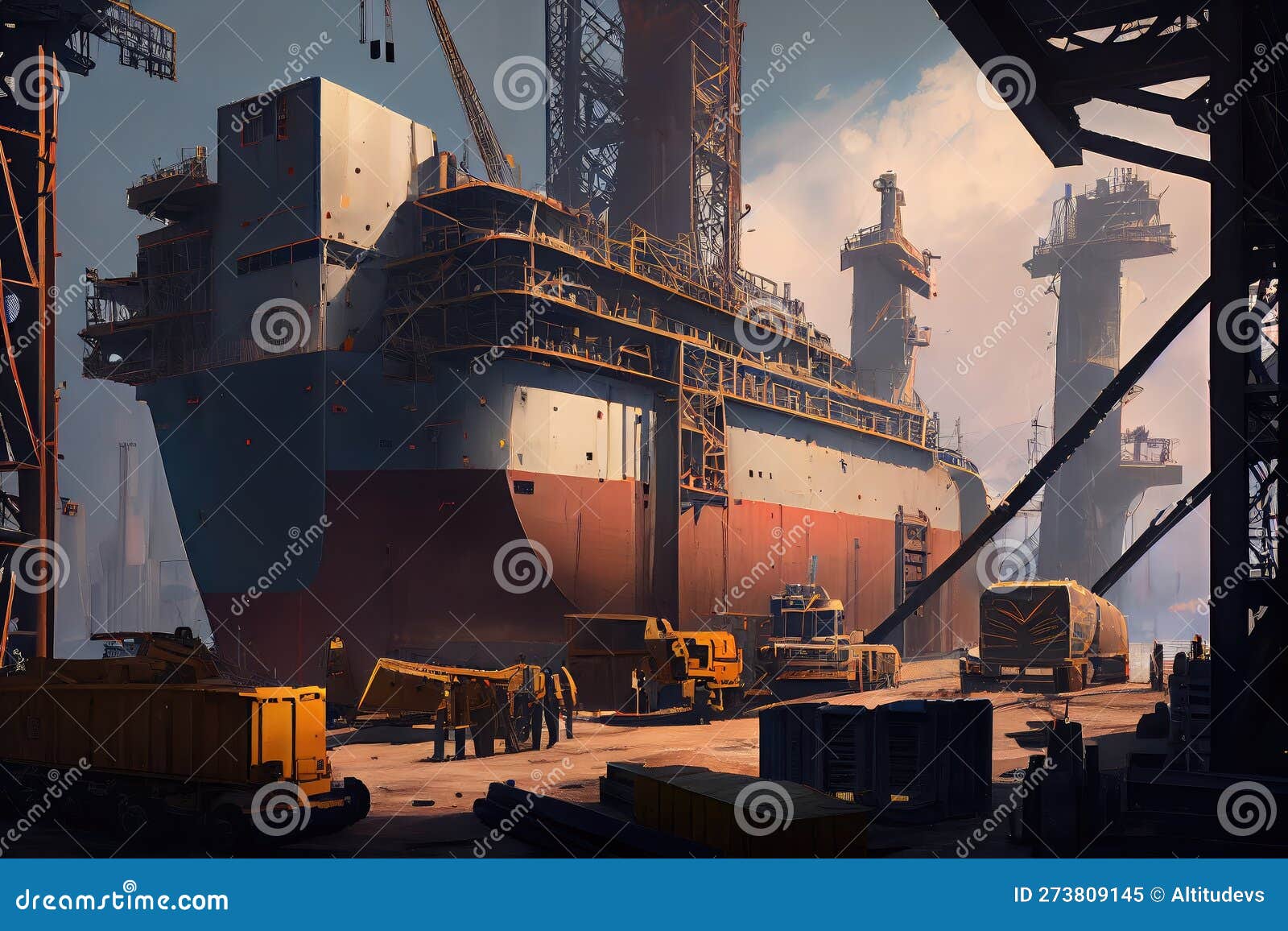 Workers, Tools, and Materials on Massive Shipbuilding Yard Stock