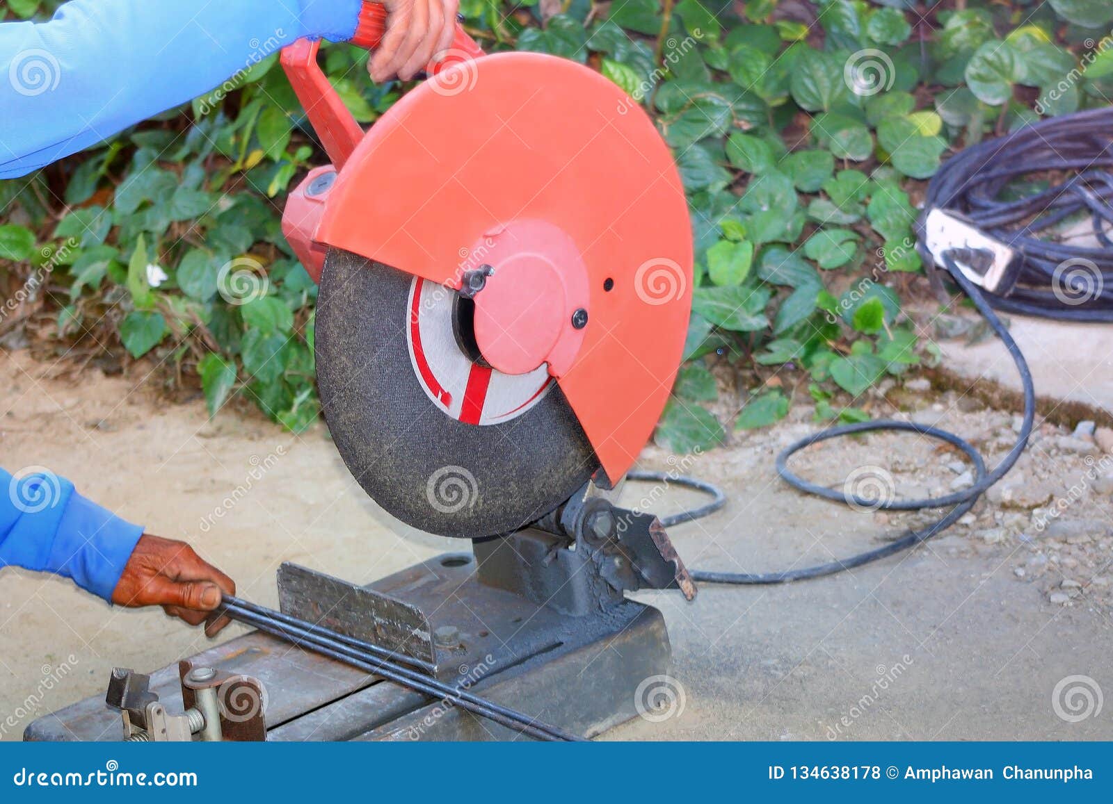 Workers Use Red Electric Steel Cutter Machine Stock Photo Image of