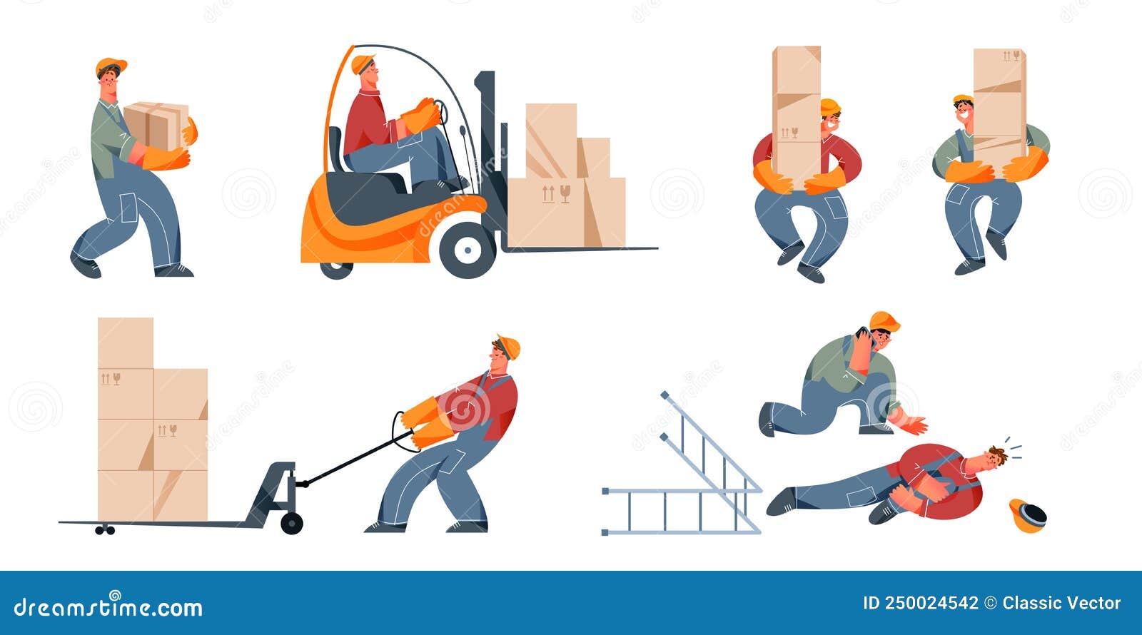 Workers of Warehouse in Work Process and Accidents Set, Staff in