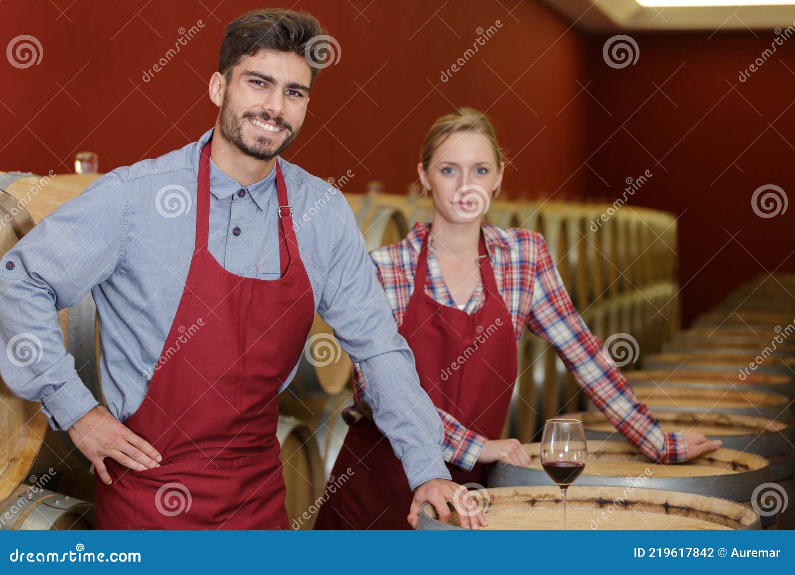 Workers in wine cellar stock photo. Image of taste, smile 219617842