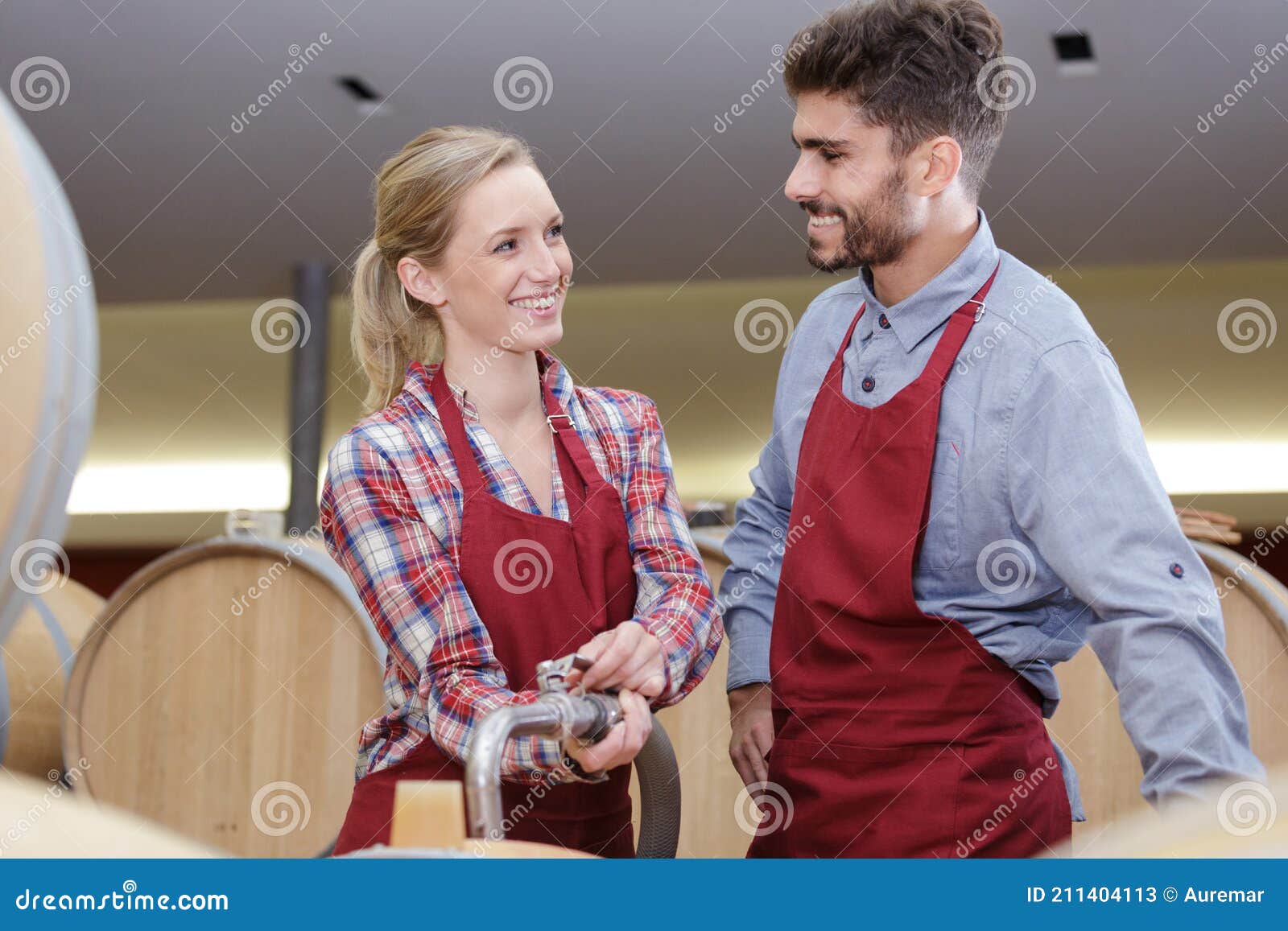 Workers in Wine Cellar Filling Oak Barrels Stock Image Image of drain