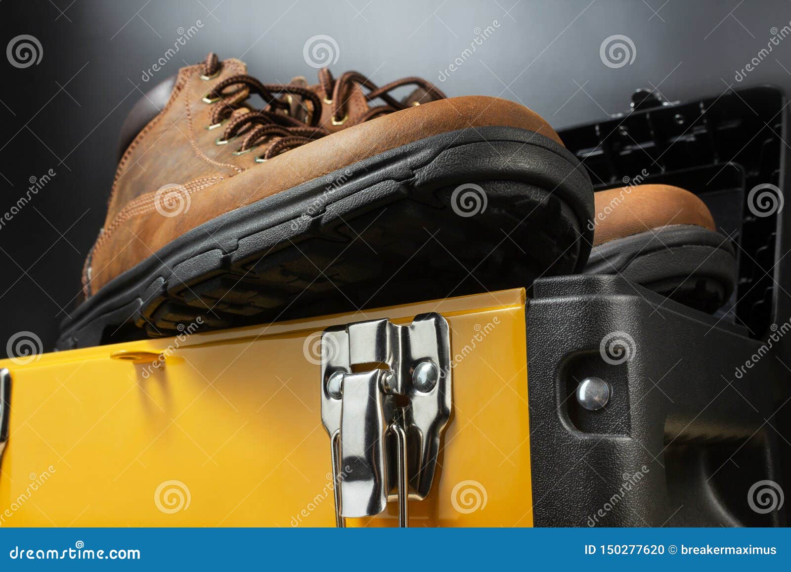 Working Boots on Yellow Toolbox Stock Photo Image of feet, manual