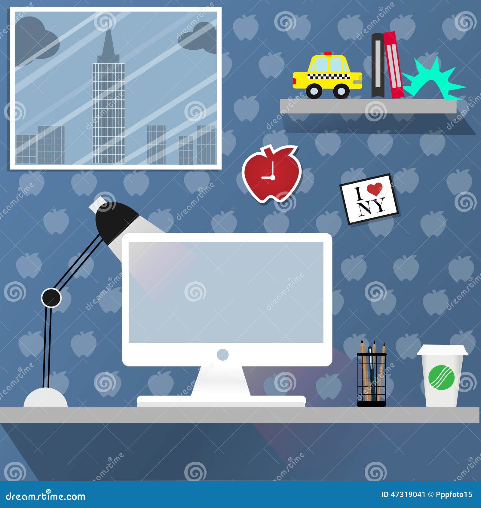 Working desk in New York stock vector. Illustration of table 47319041