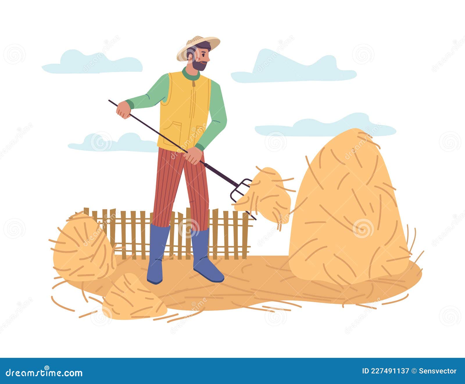 working farmer with hayfork and dry grass on field