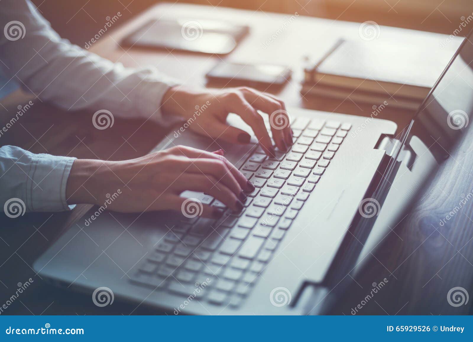 working at home with laptop woman writing a blog. female hands on the keyboard