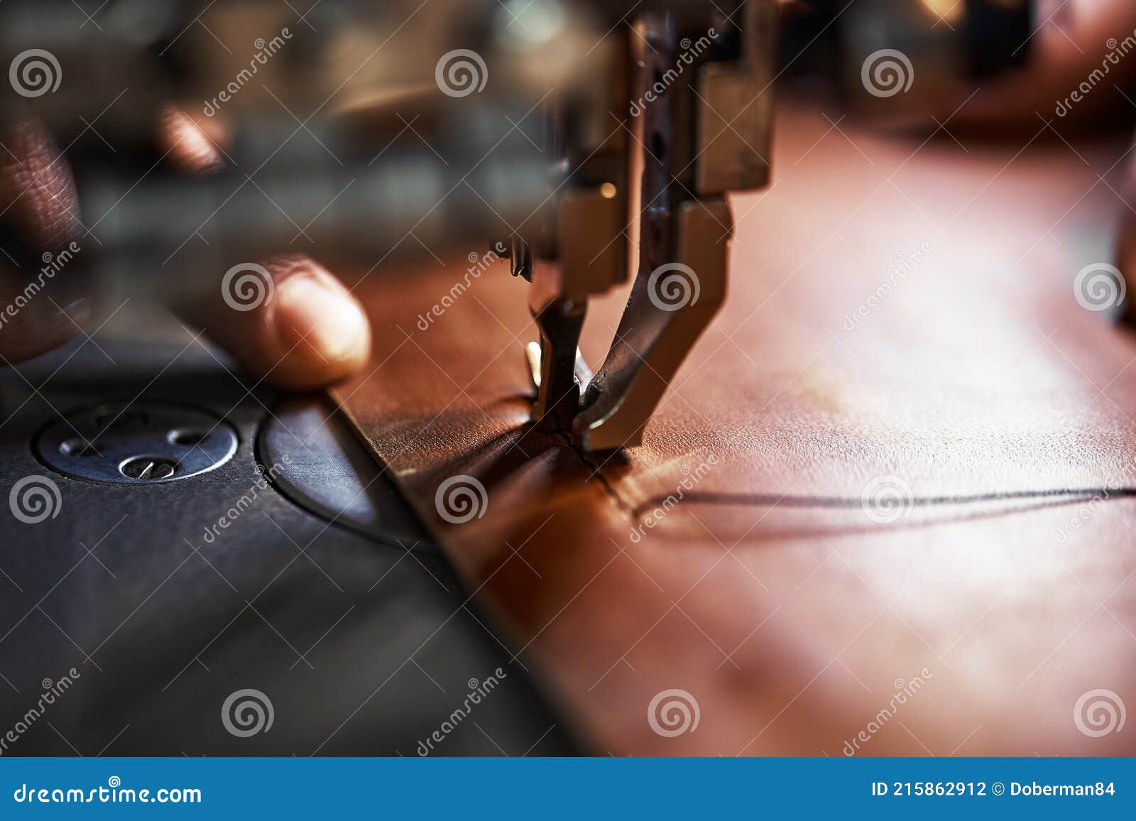 Working Process of Leather Craftsman. Tanner or Skinner Sews Leather on