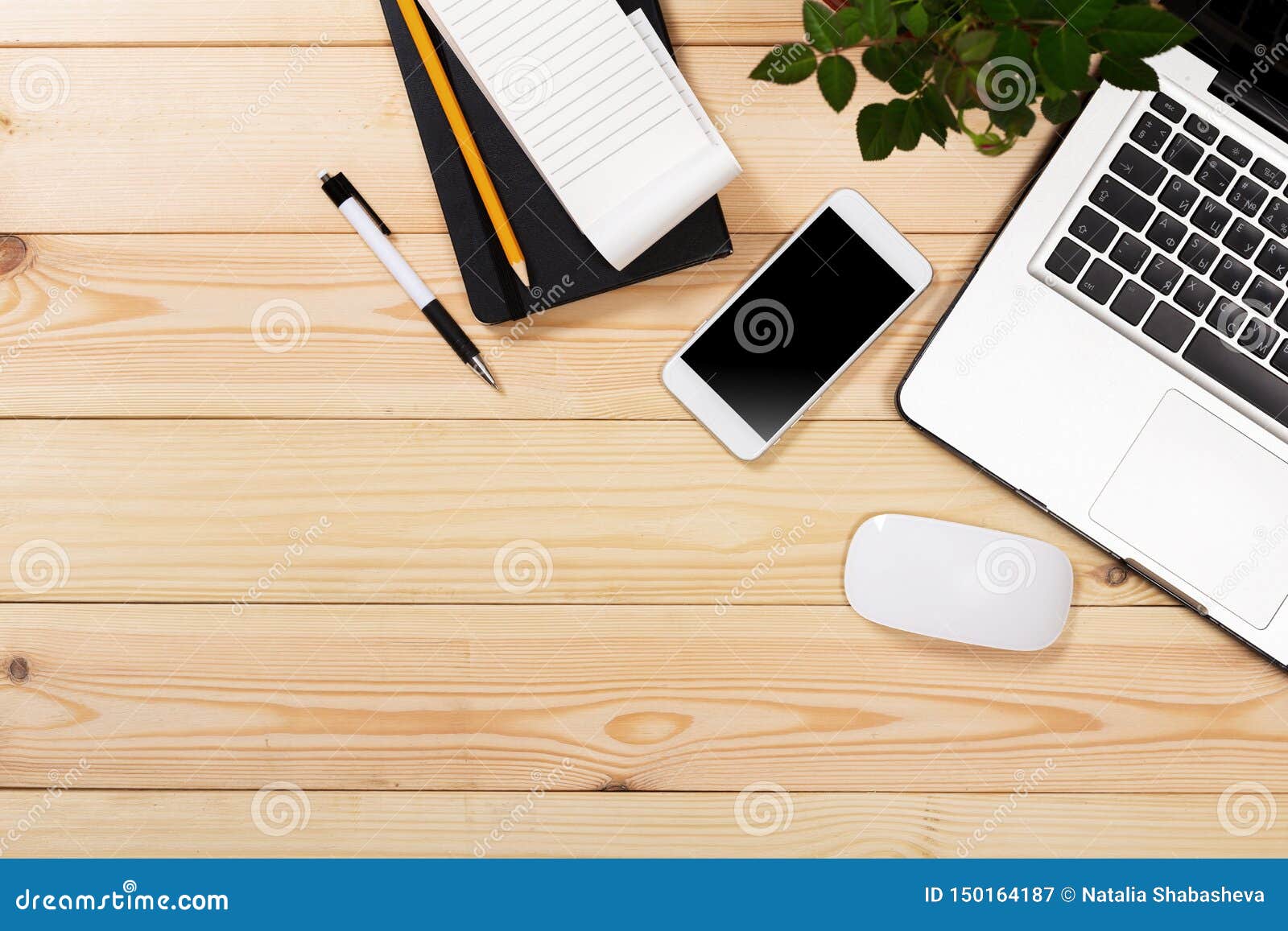 Working Space. Laptop, Notepad on Wooden Desk Stock Image - Image of