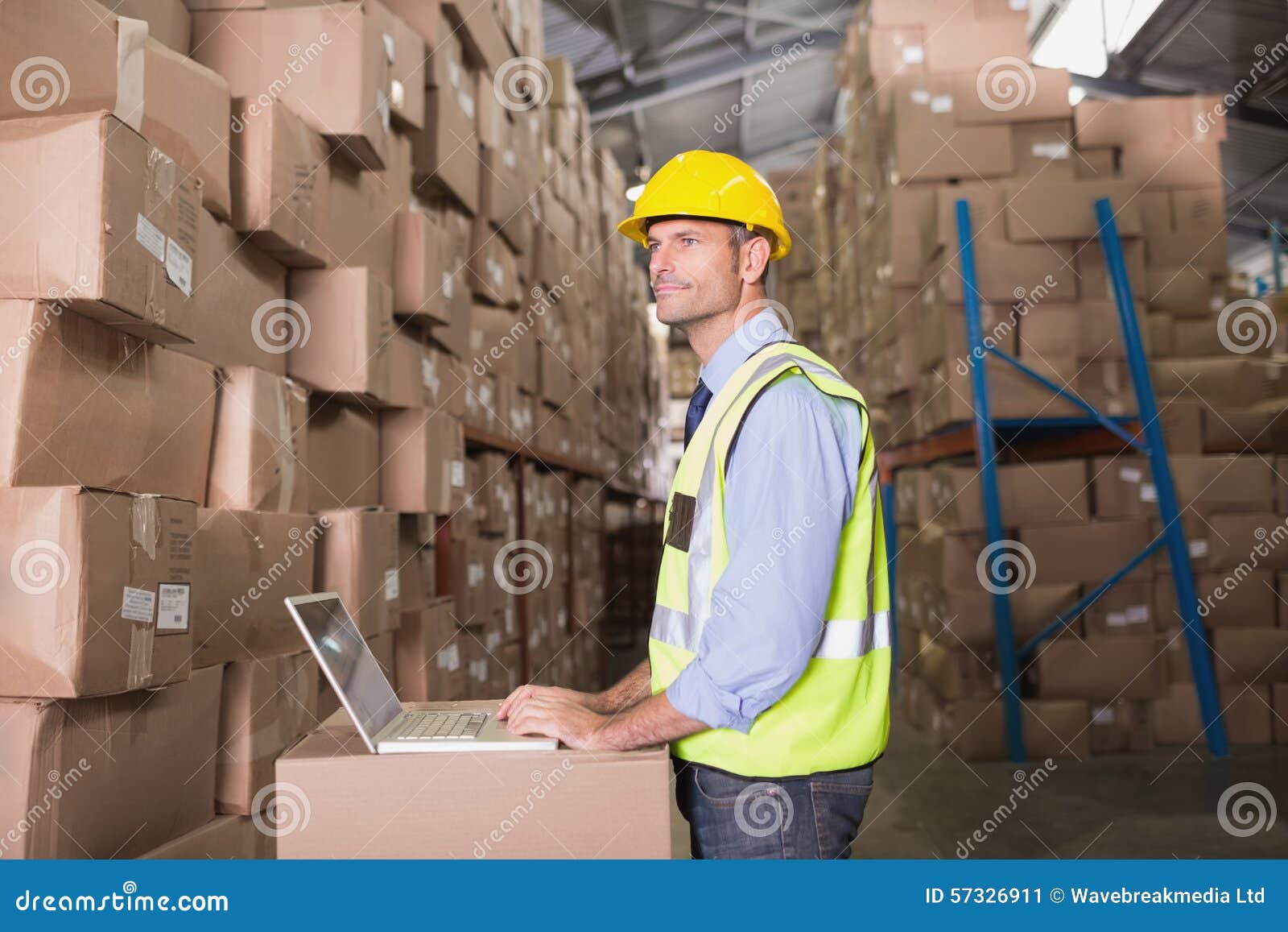 Workman with Laptop at Warehouse Stock Image Image of business