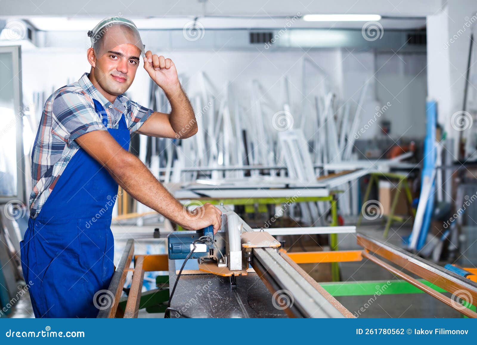 Workman is Ready To Work on Circular Saw Stock Photo Image of emotion