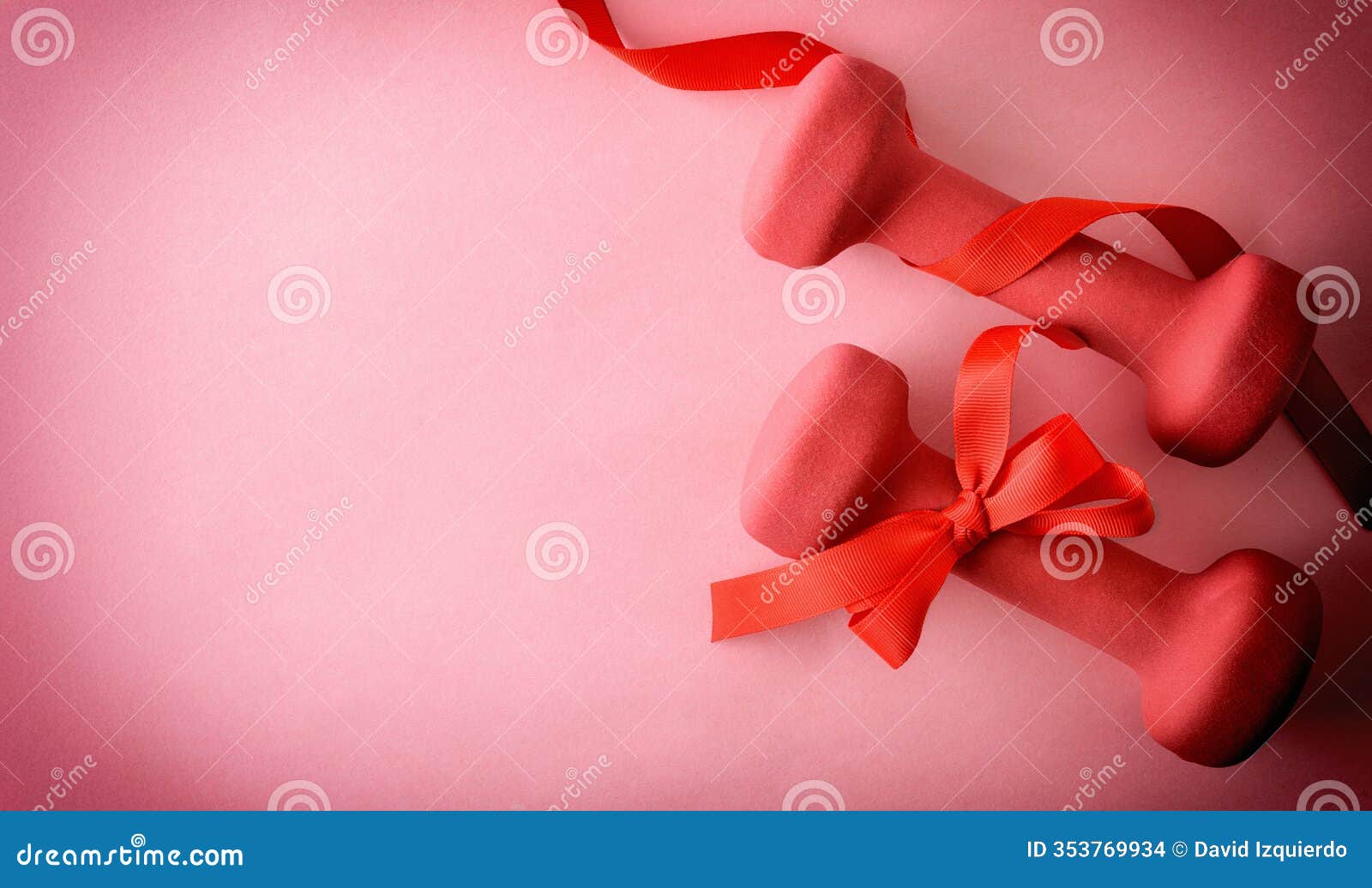 workout session gift concept with red dumbbells  background