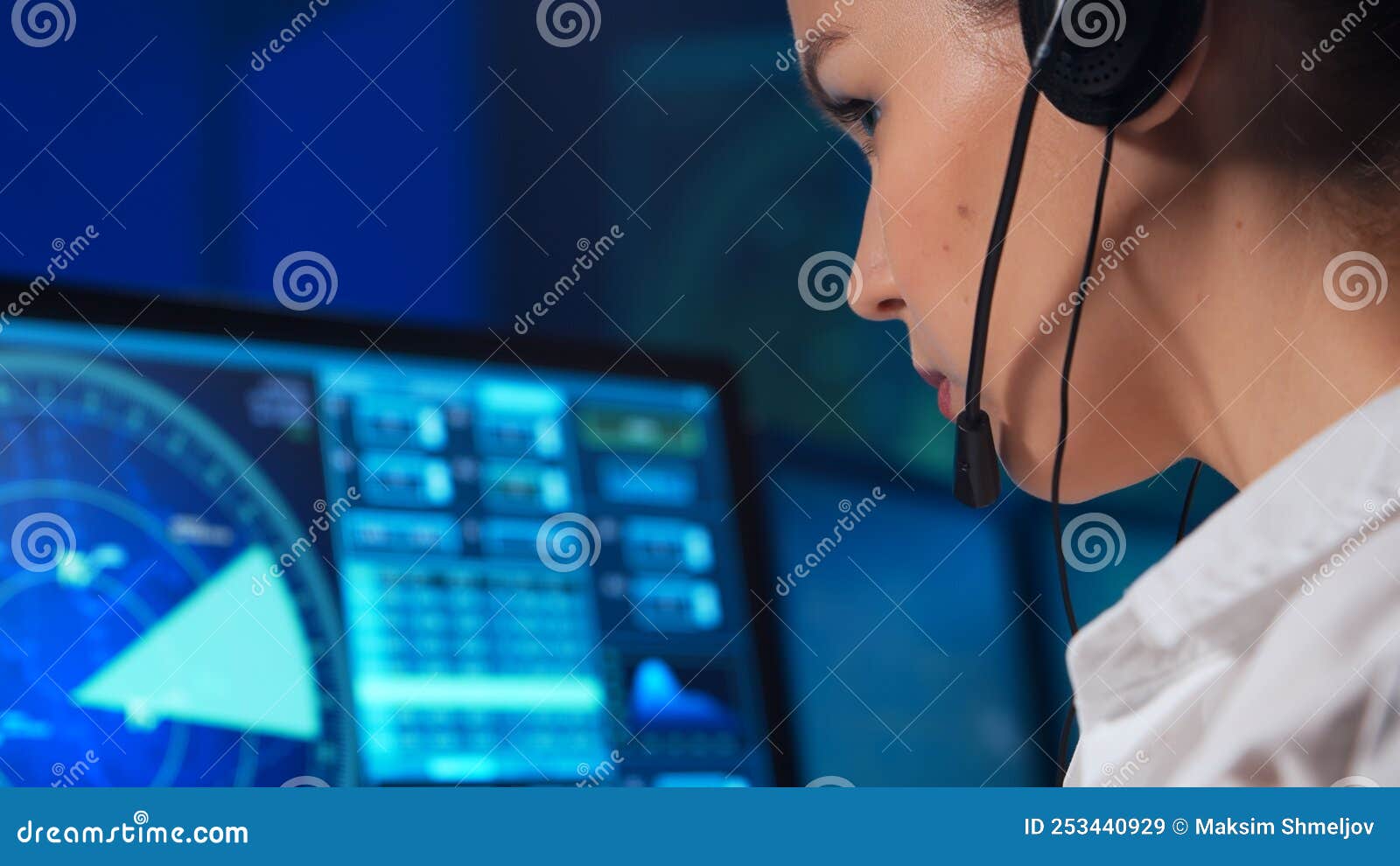 Workplace of the Air Traffic Controllers in the Control Tower. Team of