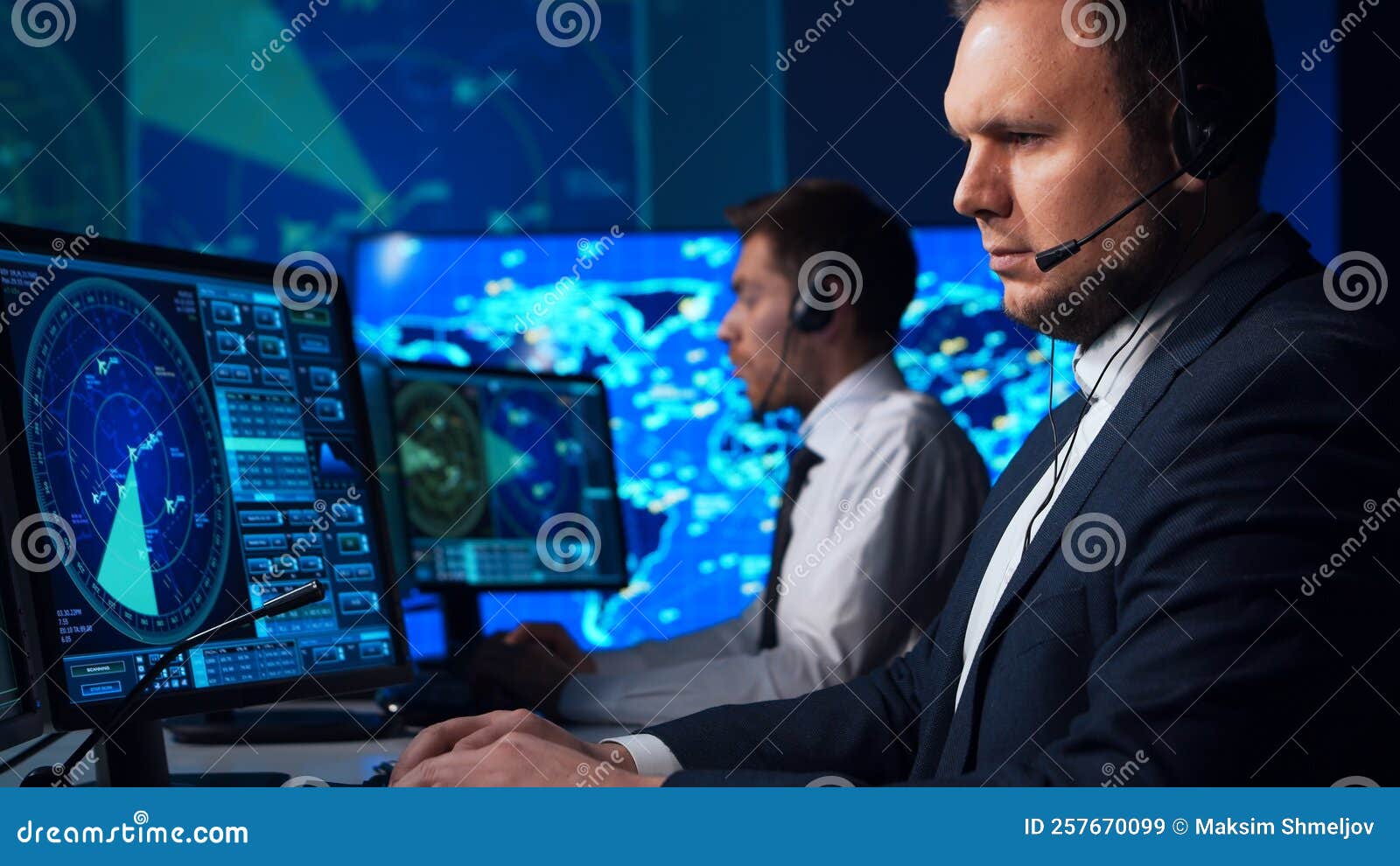 Workplace of the Air Traffic Controllers in the Control Tower. Team of