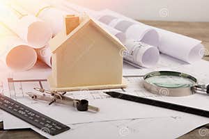 Workplace Of Architect Construction Drawings Scale Model And Tools 