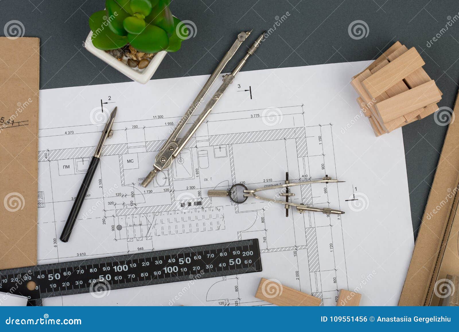 Workplace Of Architect Model House From Wooden Blocks, Construction