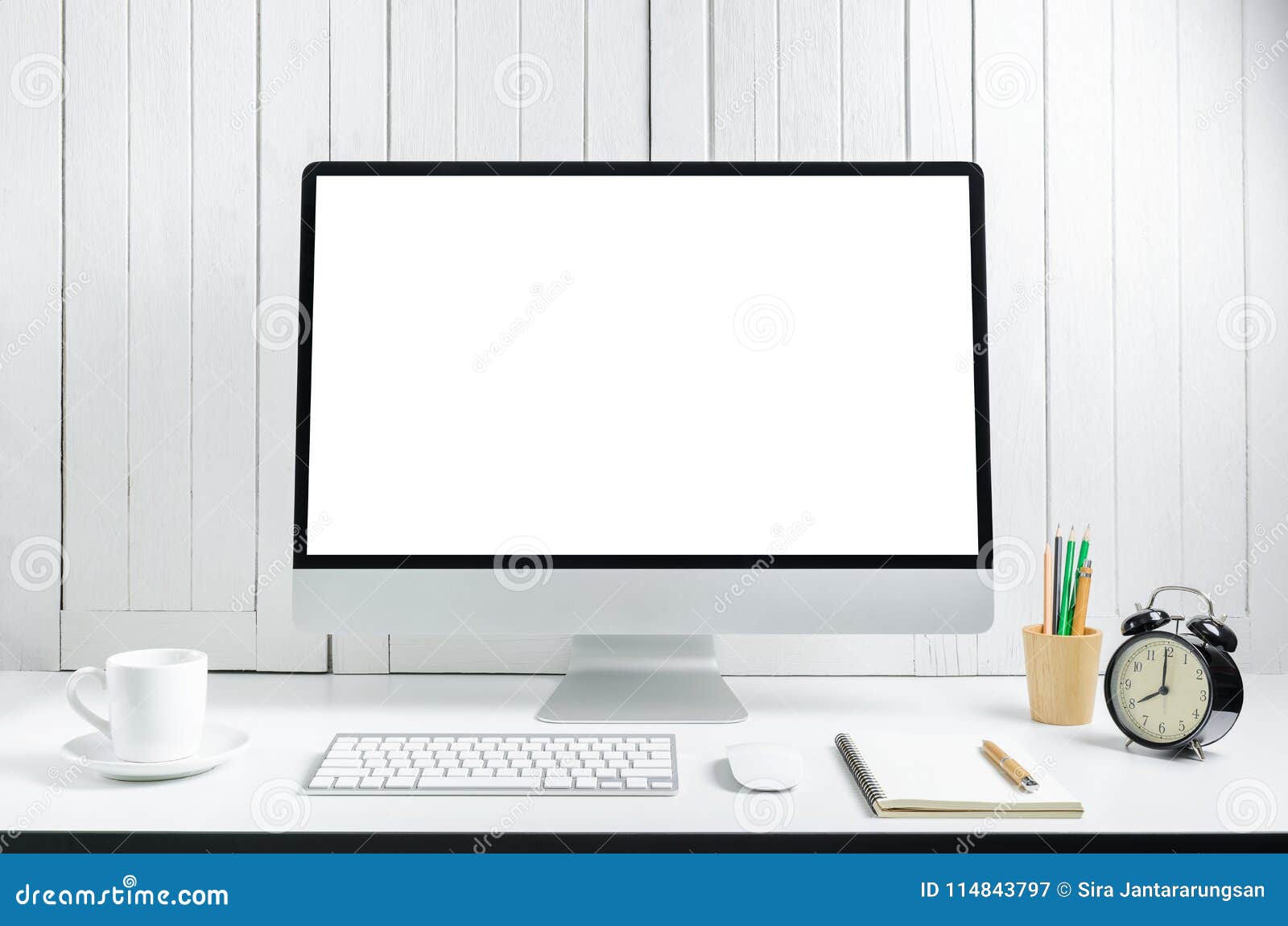 Workplace Background with Blank White Screen Modern Desktop Comp Stock  Image - Image of computer, keyboard: 114843797