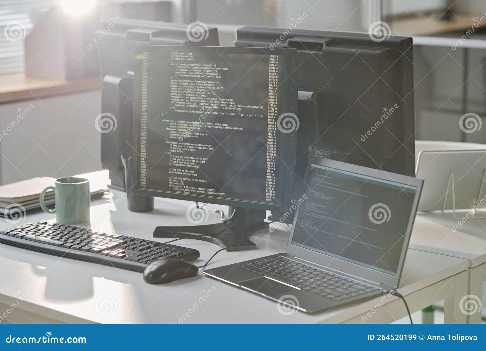 Workplace of Computers with Codes on Screen Stock Image - Image of html ...