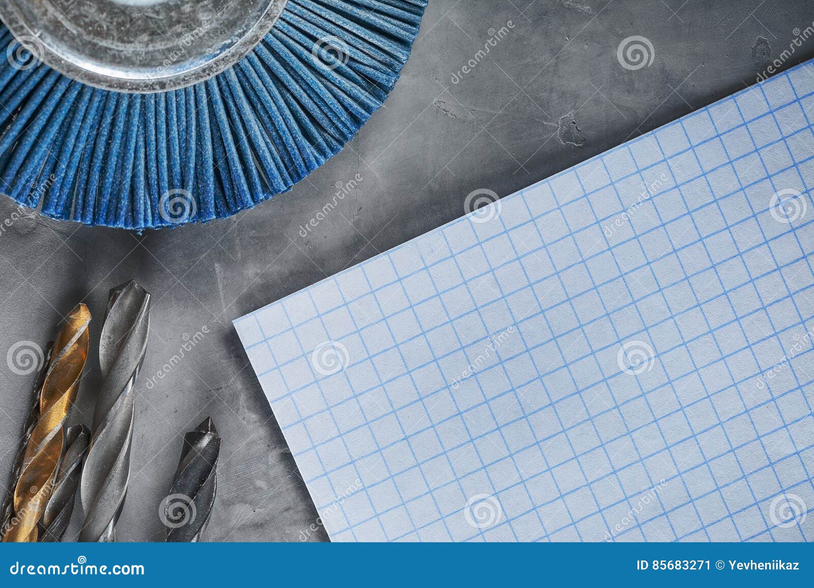 Workplace on Concrete with Paper Drill Bit, Tools, Grinding Discs Stock