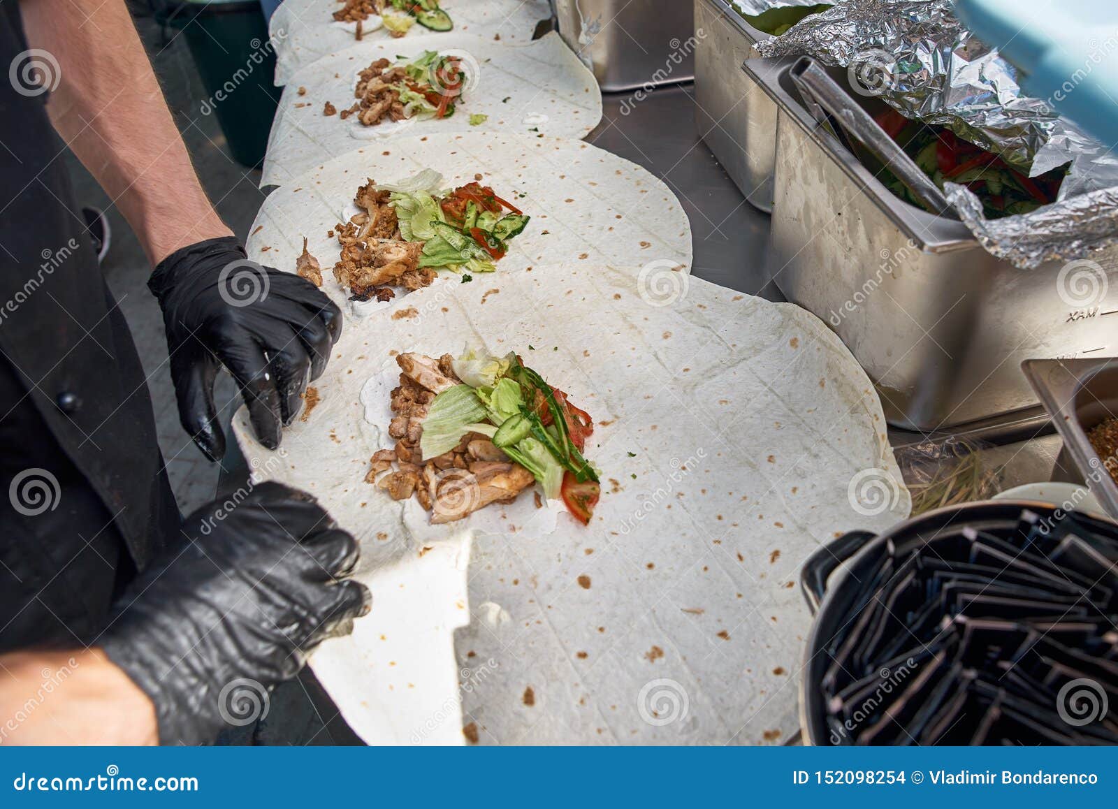 Workplace Cooks Where Shawarma is Prepared in a Restaurant on the