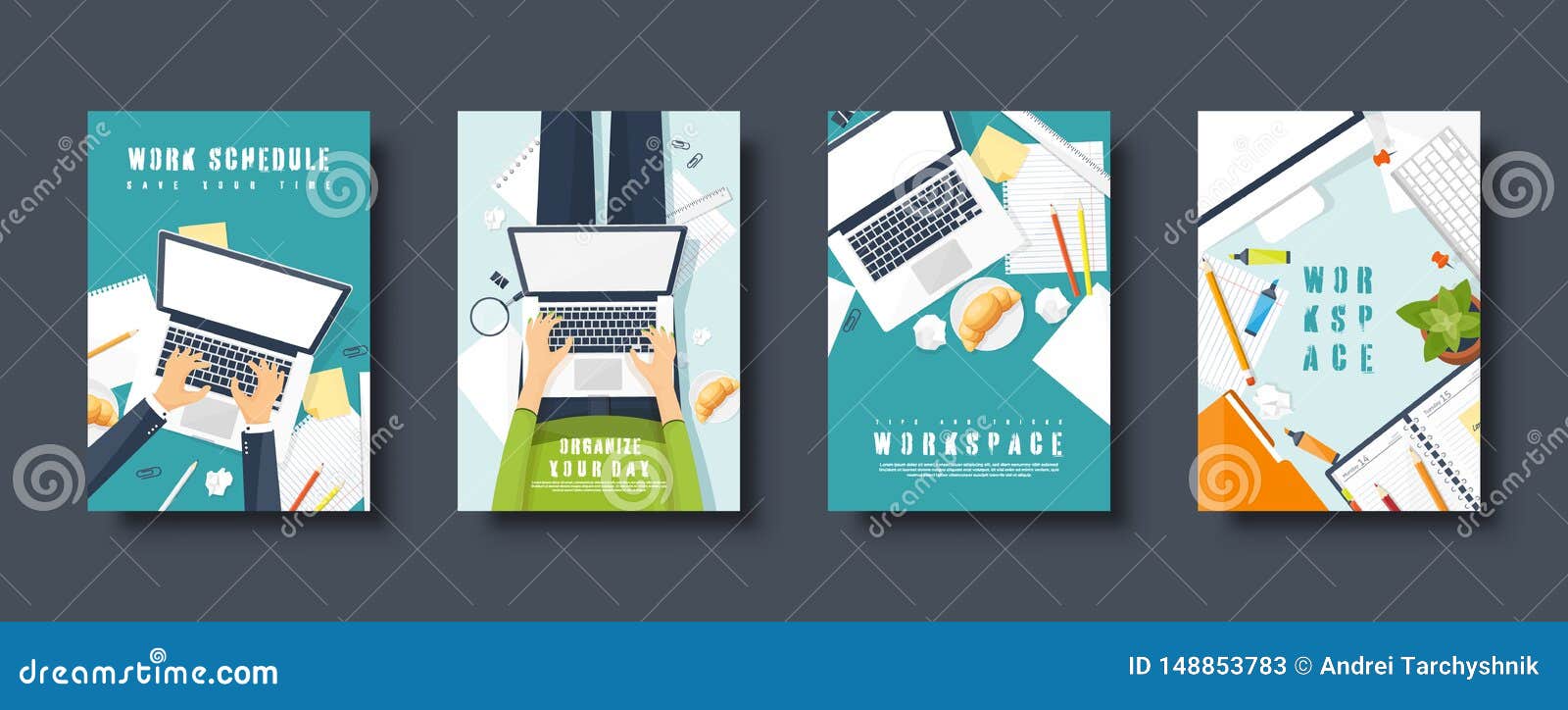 Workplace Flat Style Covers Set Laptop Documents And Papers Paperwork Office Work Workspace Management Creative Stock Vector Illustration Of Banner Background
