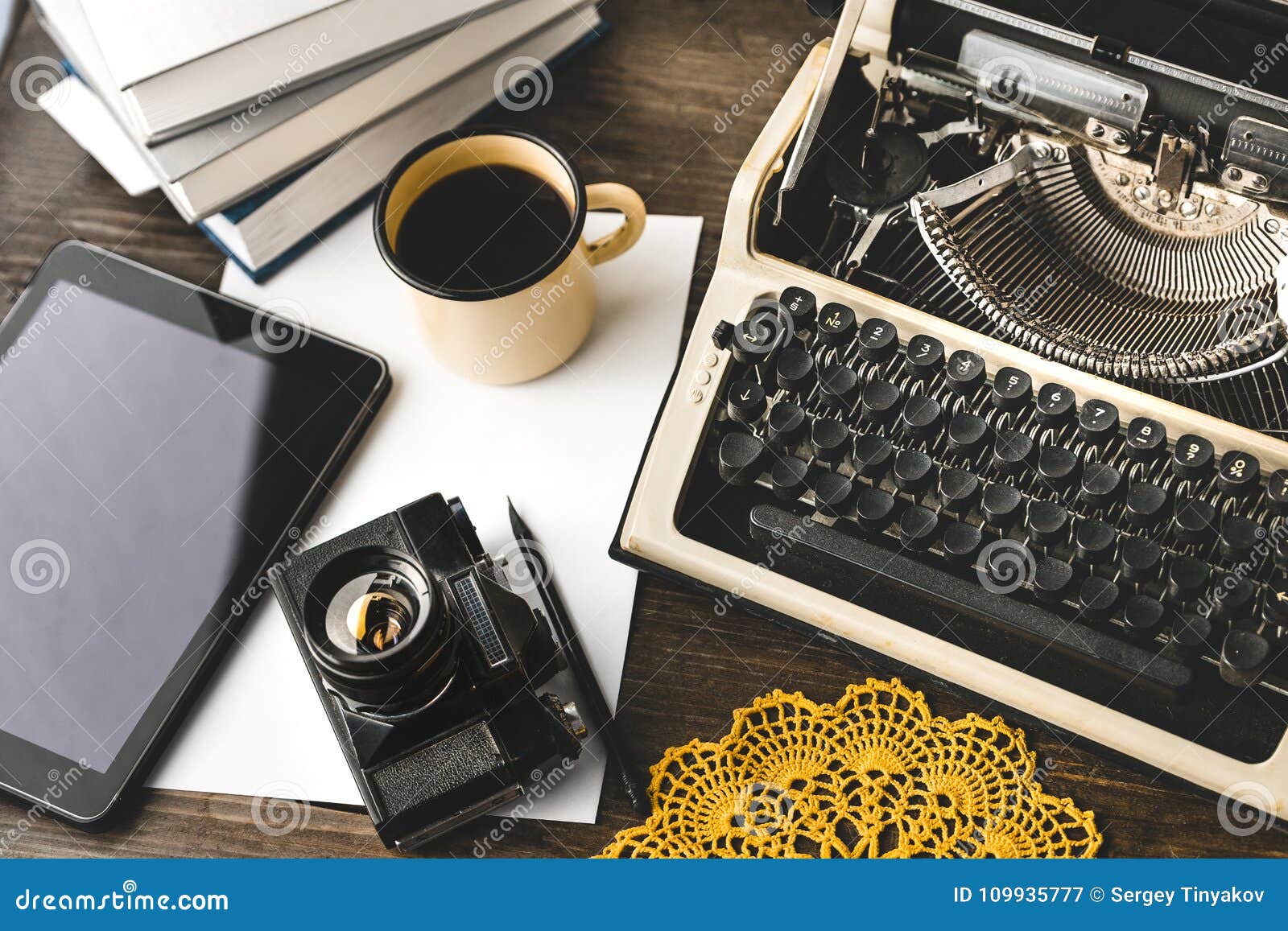 workplace of a journalist, writer, blogger. creative studio author concept. digital tablet and typewriter