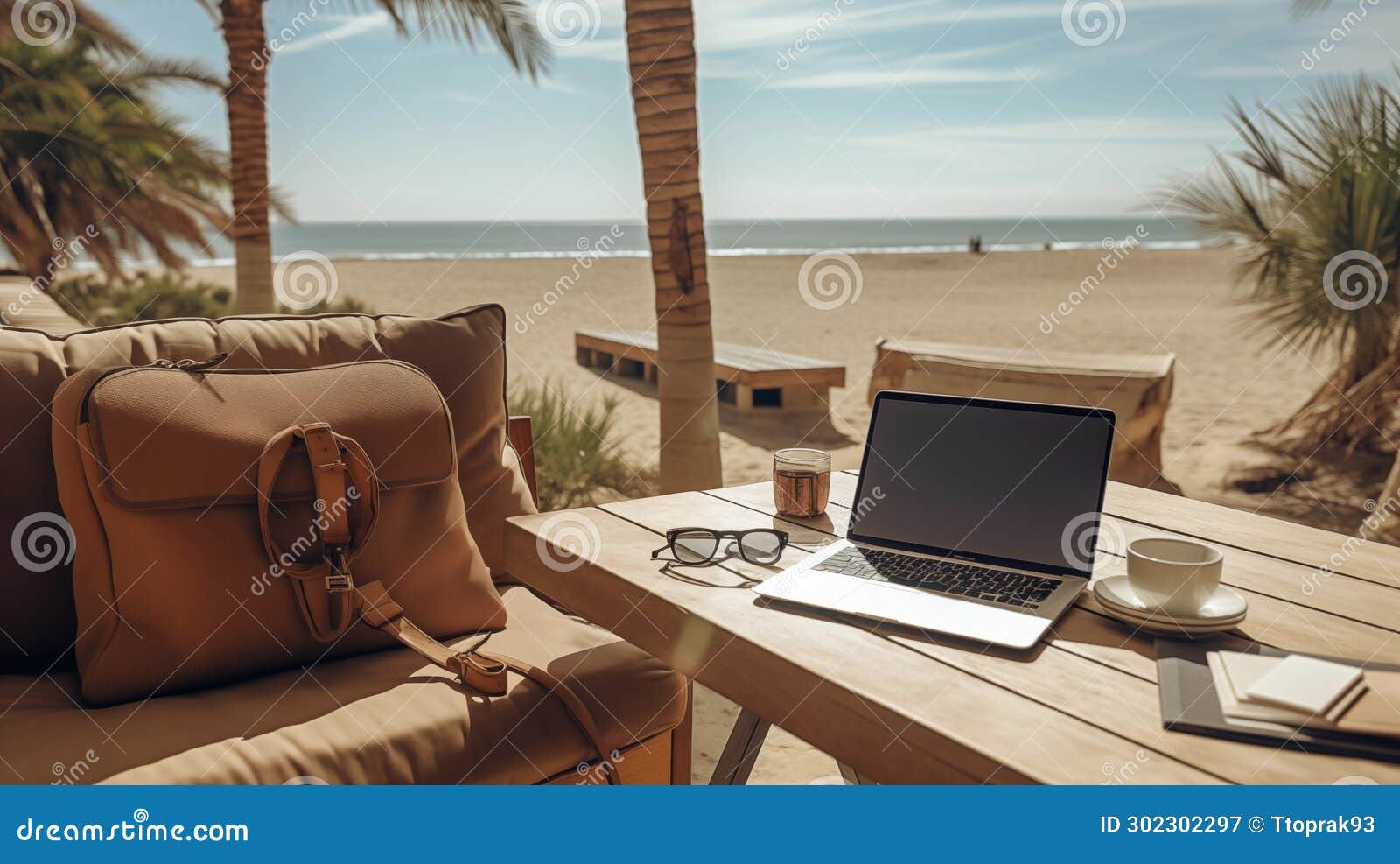 workplace with laptop in tropical beach landscape. working in travel. digital nomad concept