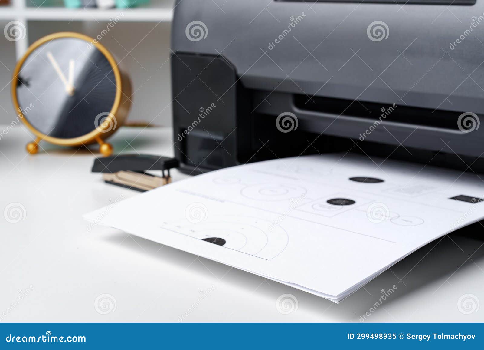 Workplace with Modern Printer and Clock in the Office Stock Image