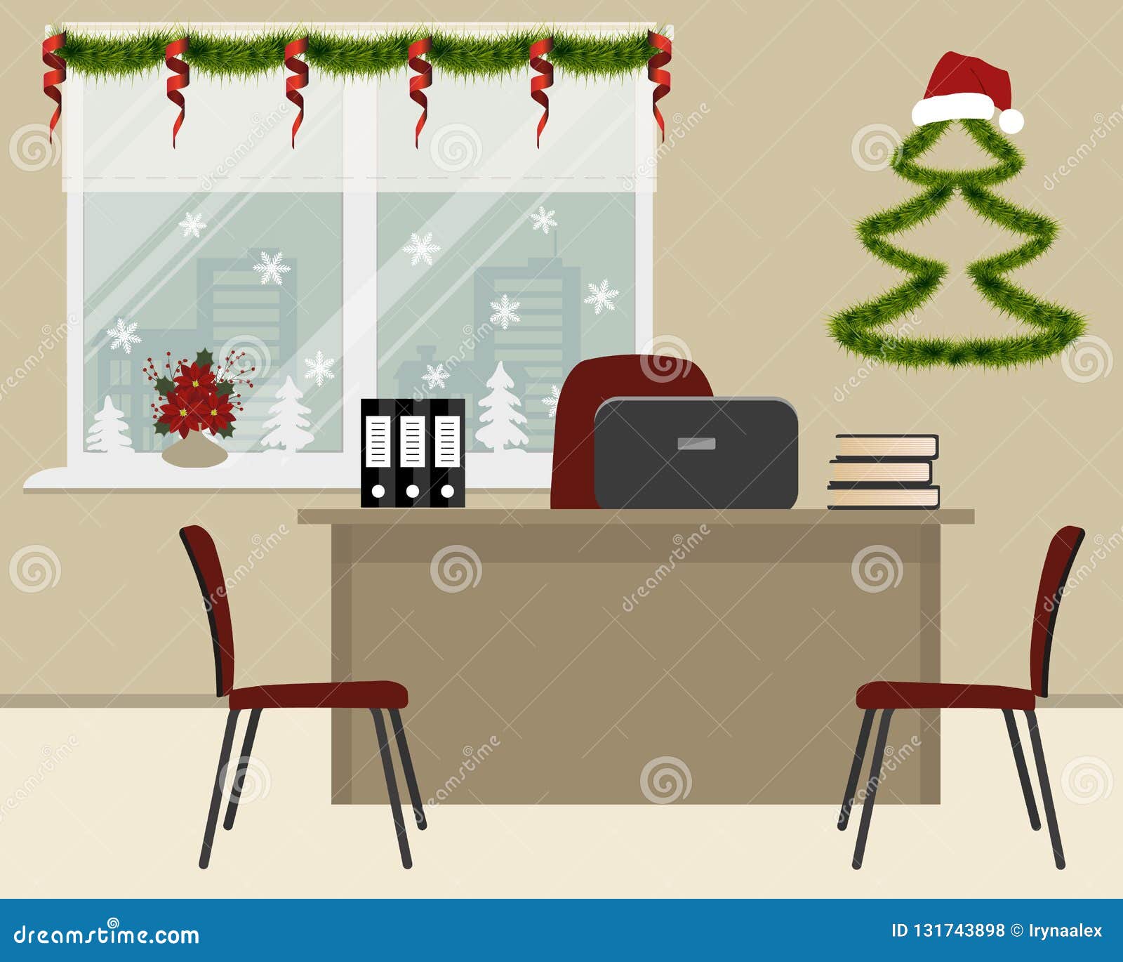 Workplace Of Office Worker Decorated With Christmas Decoration