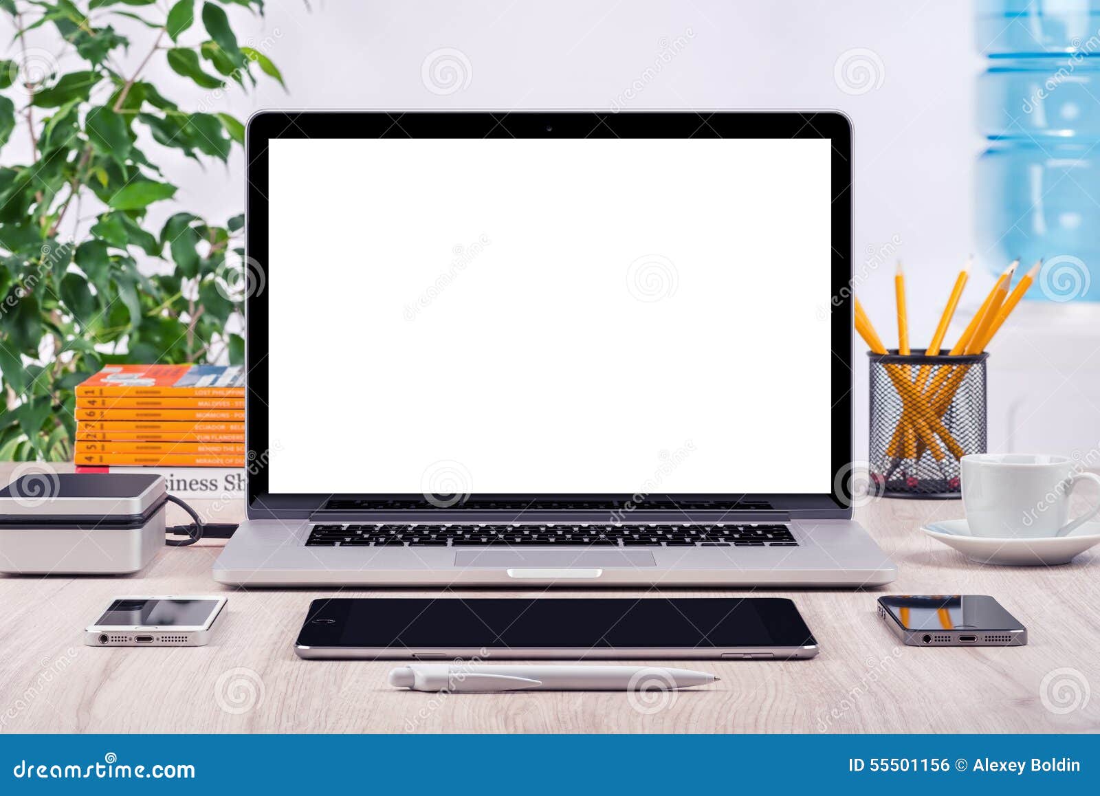 workplace with open laptop mockup different gadgets