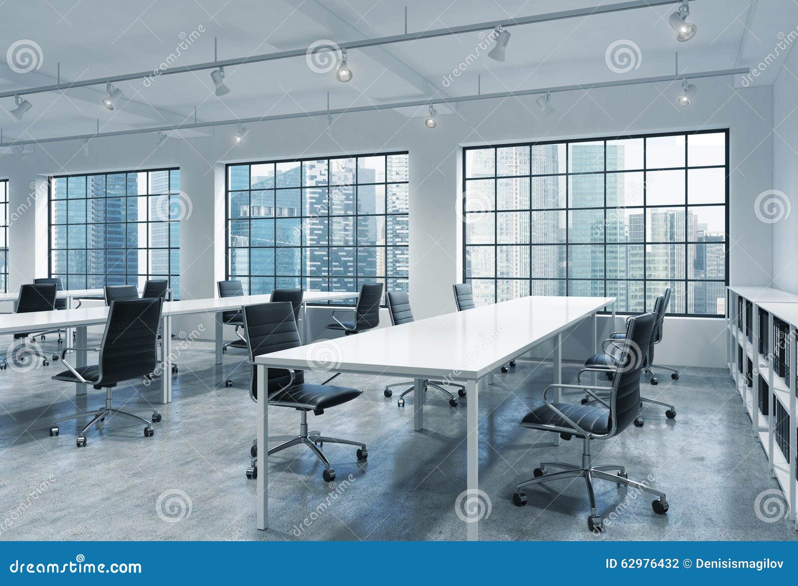 Workplaces In A Bright Modern Loft Open Space Office Empty Tables And Docents Book Shelves Singapore Panoramic View A Concept Illustration Megapixl