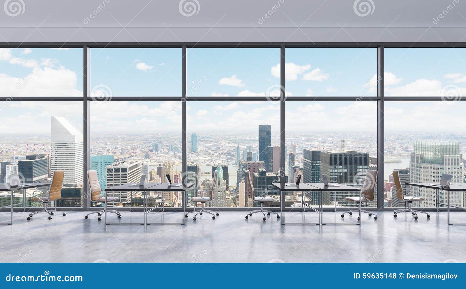 Workplaces In A Modern Panoramic Office New York City View