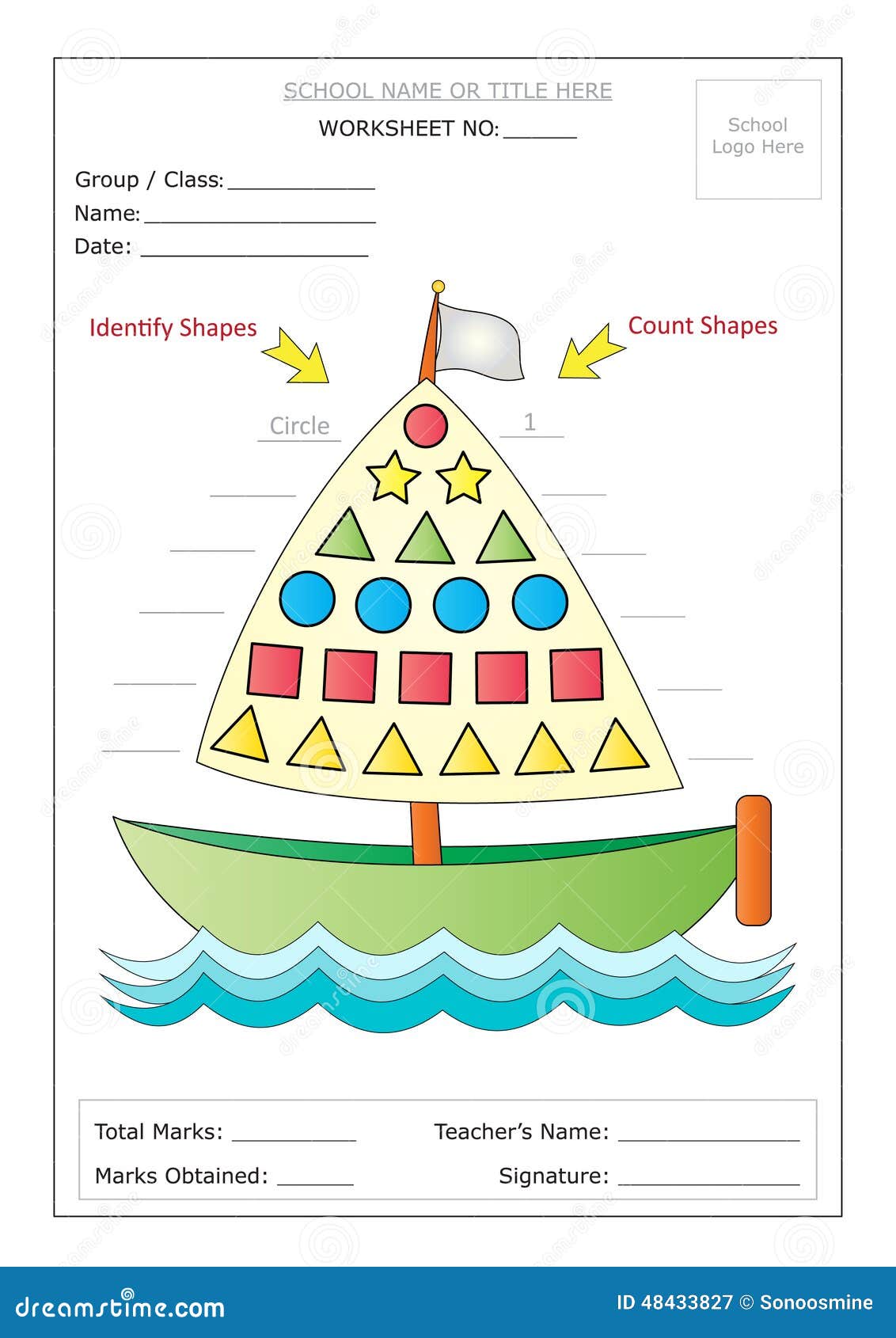 Worksheet: Identify &amp; Count Basic Shapes Stock Vector 